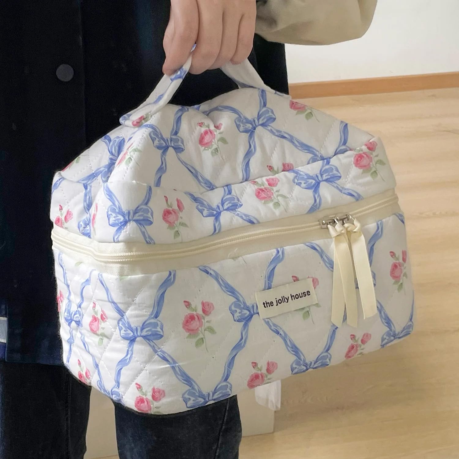 Borsa per Il Trucco con Grazioso Fiocco e trapuntatura Floreale, Borsa per Il Trucco da Donna in Cotone con Cerniera, Organizer cosmetico da Donna in Tessuto, Borsetta Portatile da
