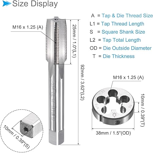 Miniatura 2 de Juego de roscas y troqueles, rosca M16 x 1.25, rosca métrica de acero de alta velocidad y kit de herramientas de troquelado redondo (aplicaciones