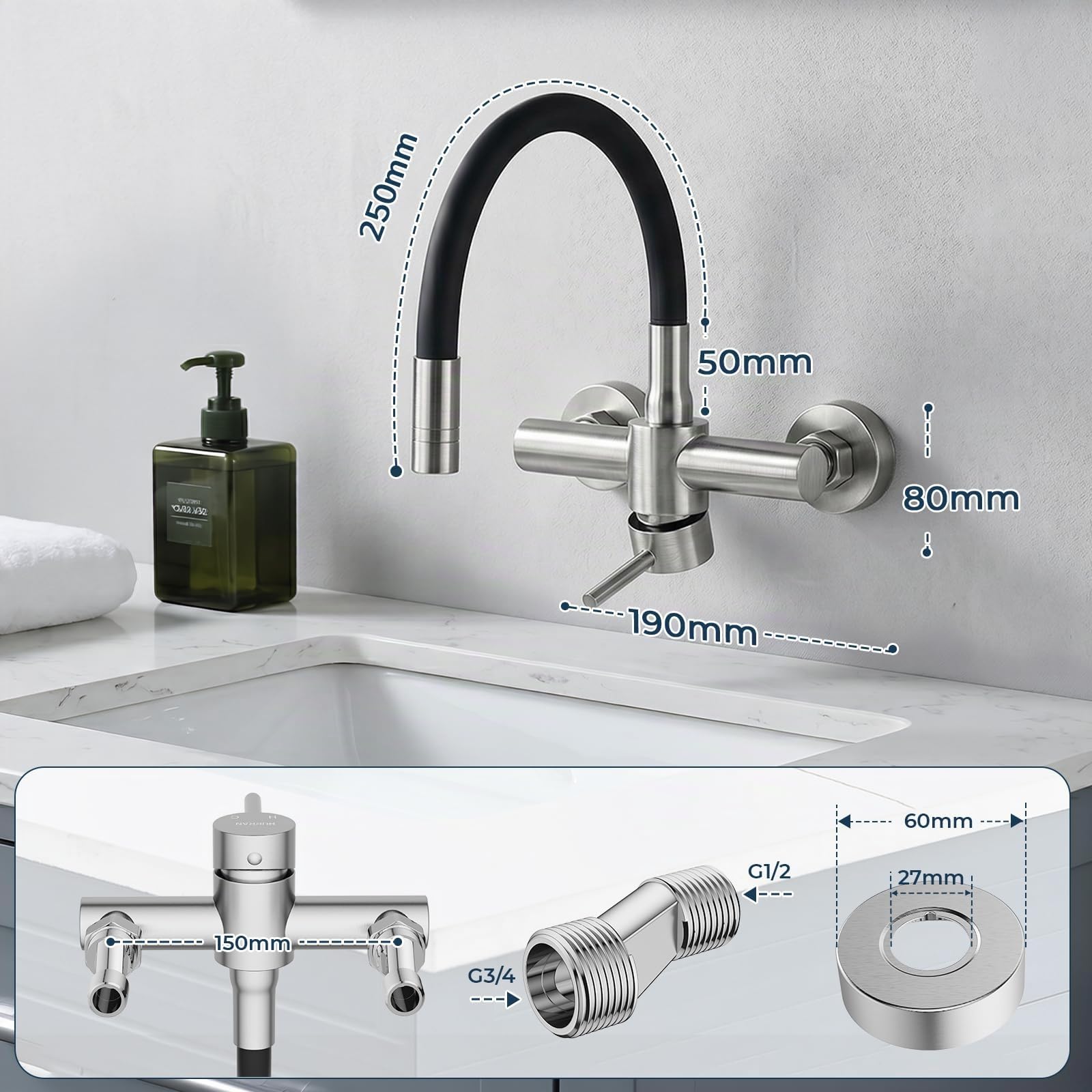 HURRAN Wasserhahn Wandmontage, 360° Schwenkbare Küchenarmatur mit Silikonschlauch, Einhebelmischer aus Edelstahl, Gebürstetes Nickel
