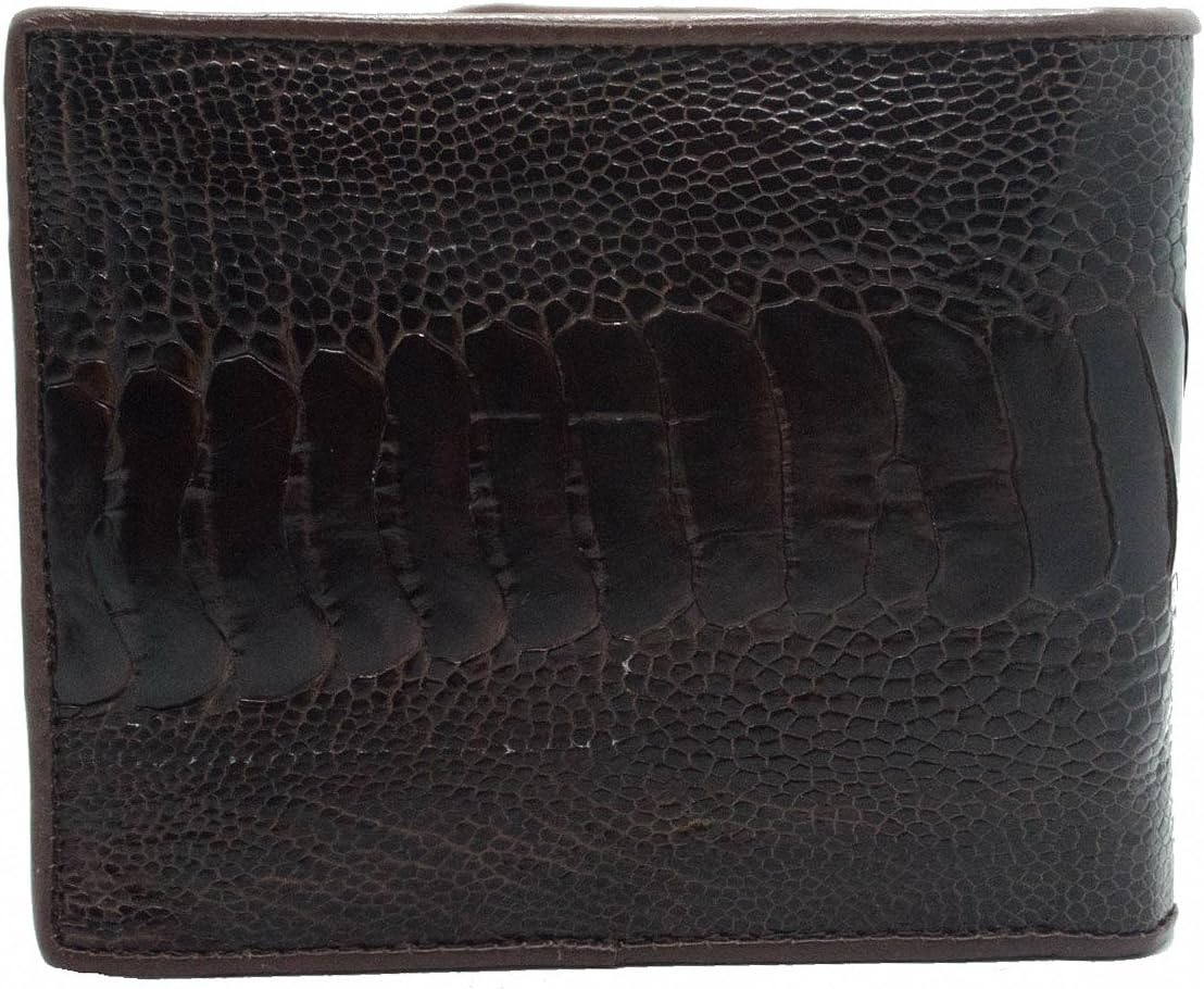 Authentic Ostrich Skin Men's Bifold Leg Section Leather Wallet (Shiny Dark Brown)