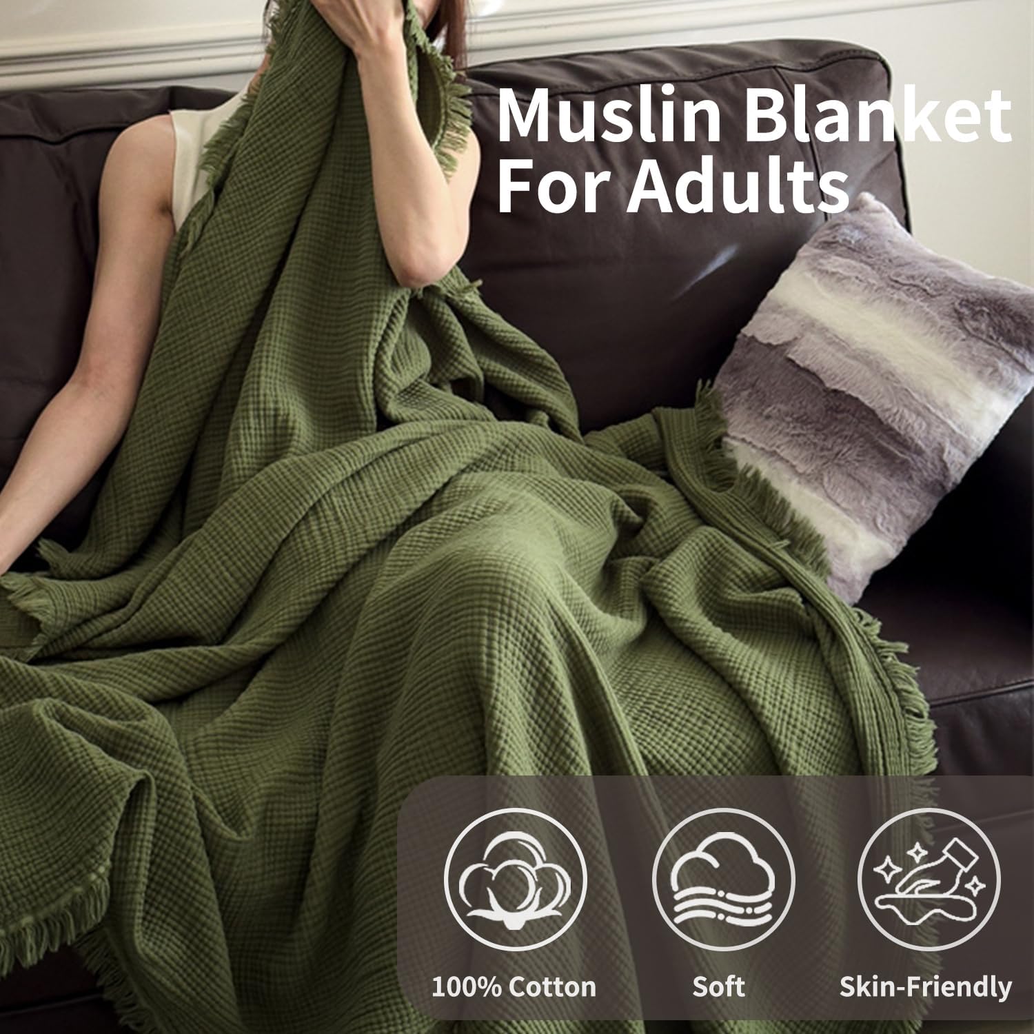 Condition photo showing New/Like New for 50x70 in muslin blanket for adults, 6 layer gauze blanket throw | 100% cotton muslin blanket lightweight, breathable & soft, twin 50"x70, all-season throw for bed, couch, or travel olive green twin(50"x70")