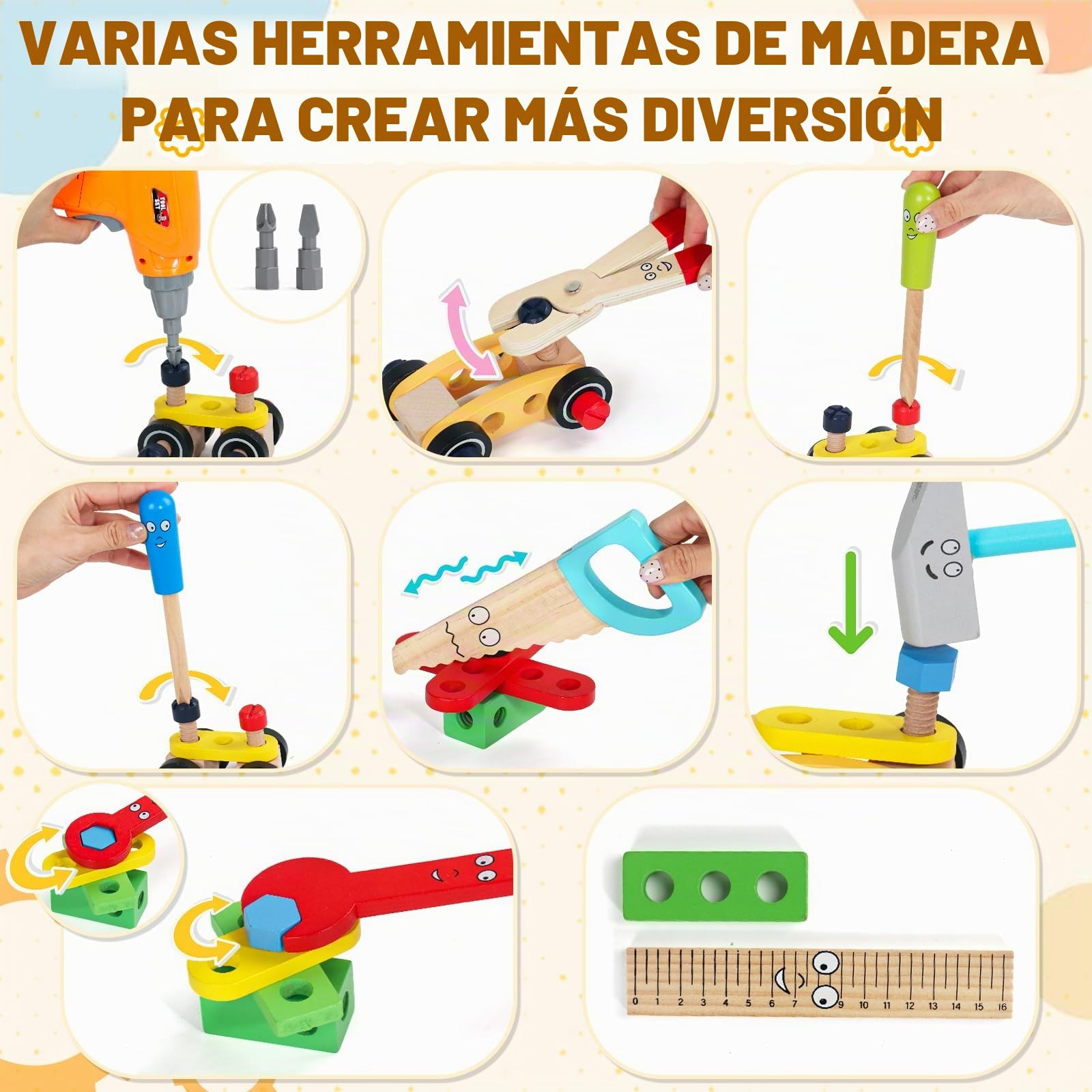 Juguetes Niños 3 Años Regalo Niño Niña 3 4 Años, Madera Caja Herramientas Juguete con Taladro Eléctrico, Juguetes Montessori Juegos Educativos Niños Niñas 3 4 Años (44 Piezas)
