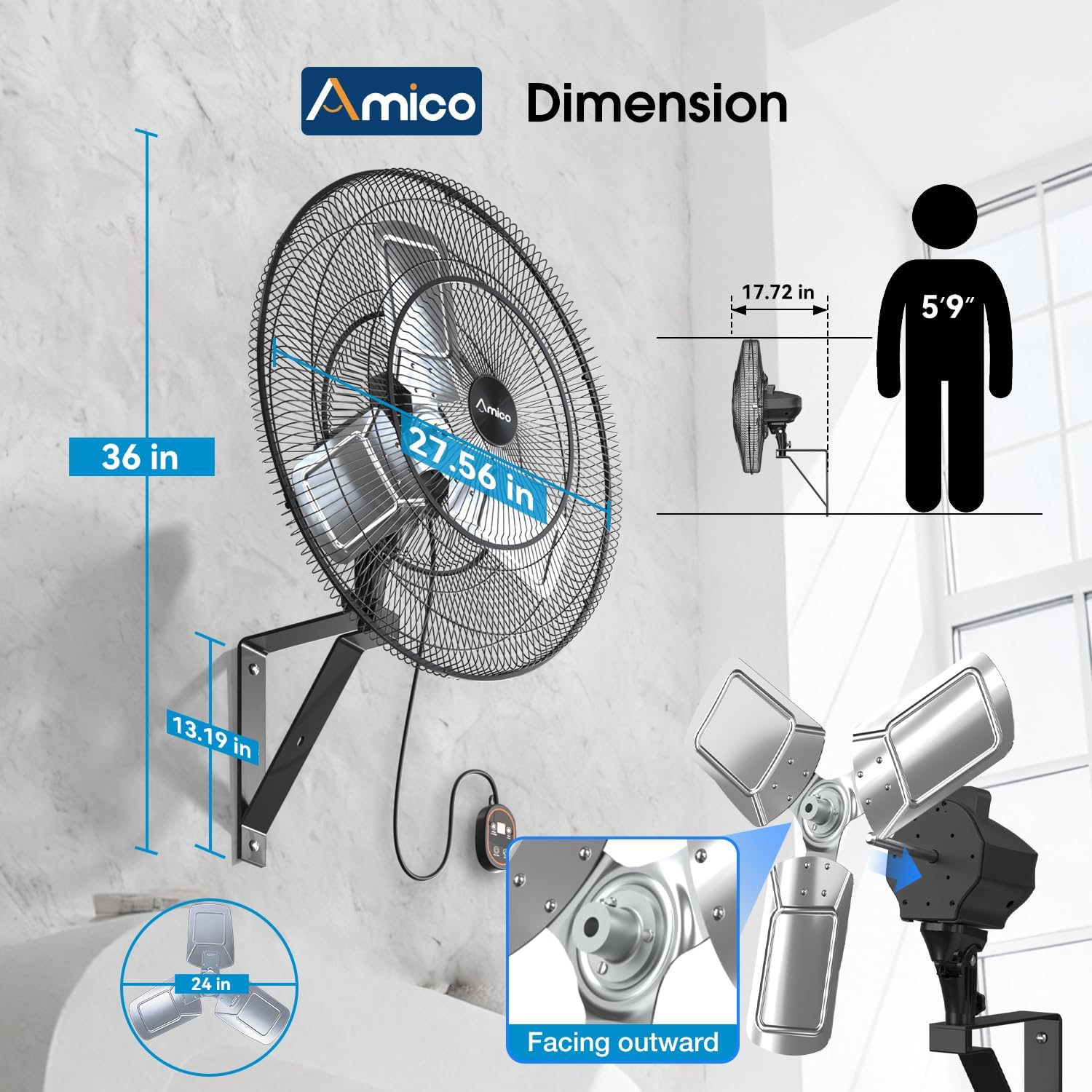 Amico 24 Inch Wall Mount Fan with Remote, 8-Speed DC Motor, Industrial High Velocity 8500 CFM, IP44 Waterproof Oscillating Shop Fan for Commercial Use, Gym, Patio,Garage, Outdoor