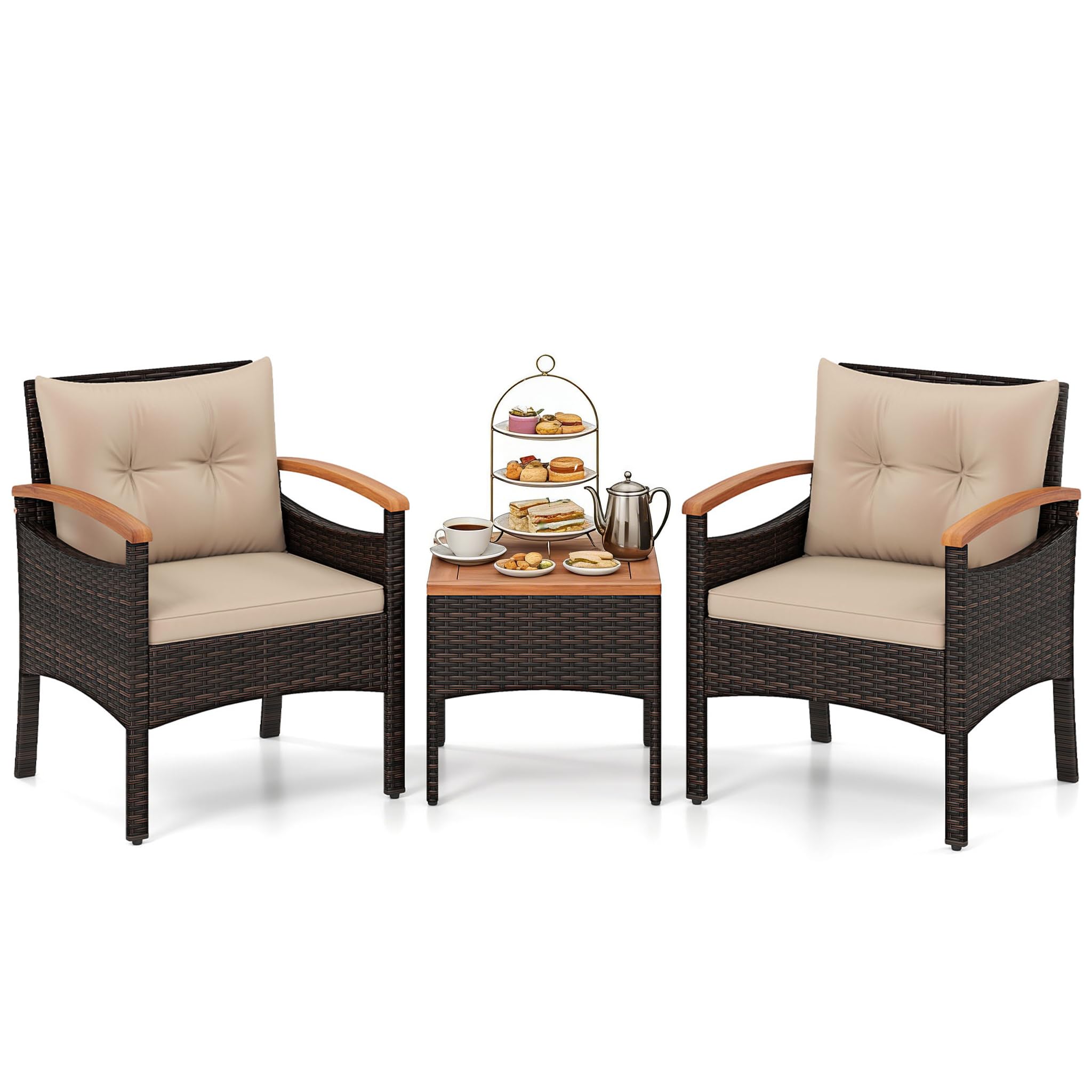 GIANTEX Salon de Jardin Extérieur 2 Personnes 3 Pcs en Résine, 1 Table Basse, 2 Fauteuils avec Coussin, Ensemble de Meuble de Jardin en Rotin PE avec Accoudoir pour Patio, Balcon, Beige