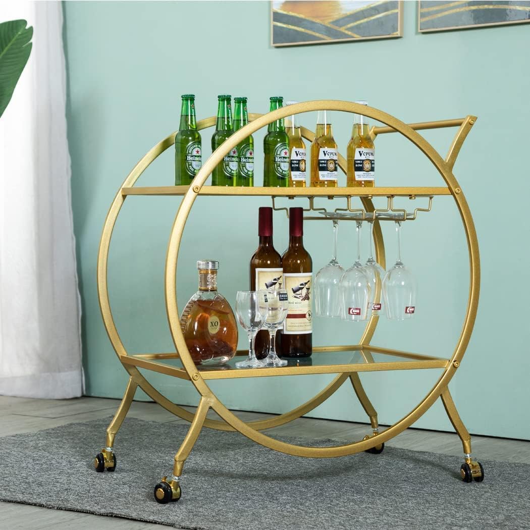 Round Gold Bar Cart 2 Mirrored Shelves Bar Serving Cart with Wheels and Glass Holder, Mobile Wine Cart for The Home/Kitchen/Club