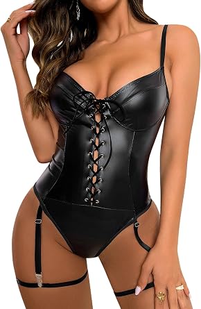 Lilosy Sexy Lace Up Leather Pu Wireless Garter Women Teddy Bodysuit Corset Bustier Top Outfit Nightout One Piece