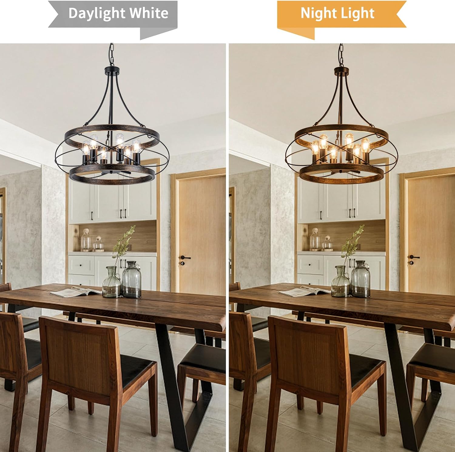 6-Light Farmhouse Chandelier, 23.62" Rustic Drum Dining Room Light Fixture, Large Bronze Chandeliers Hanging Pendant Lighting, Industrial Candle Chandeliers for Living Room Kitchen Entryway Bedroom