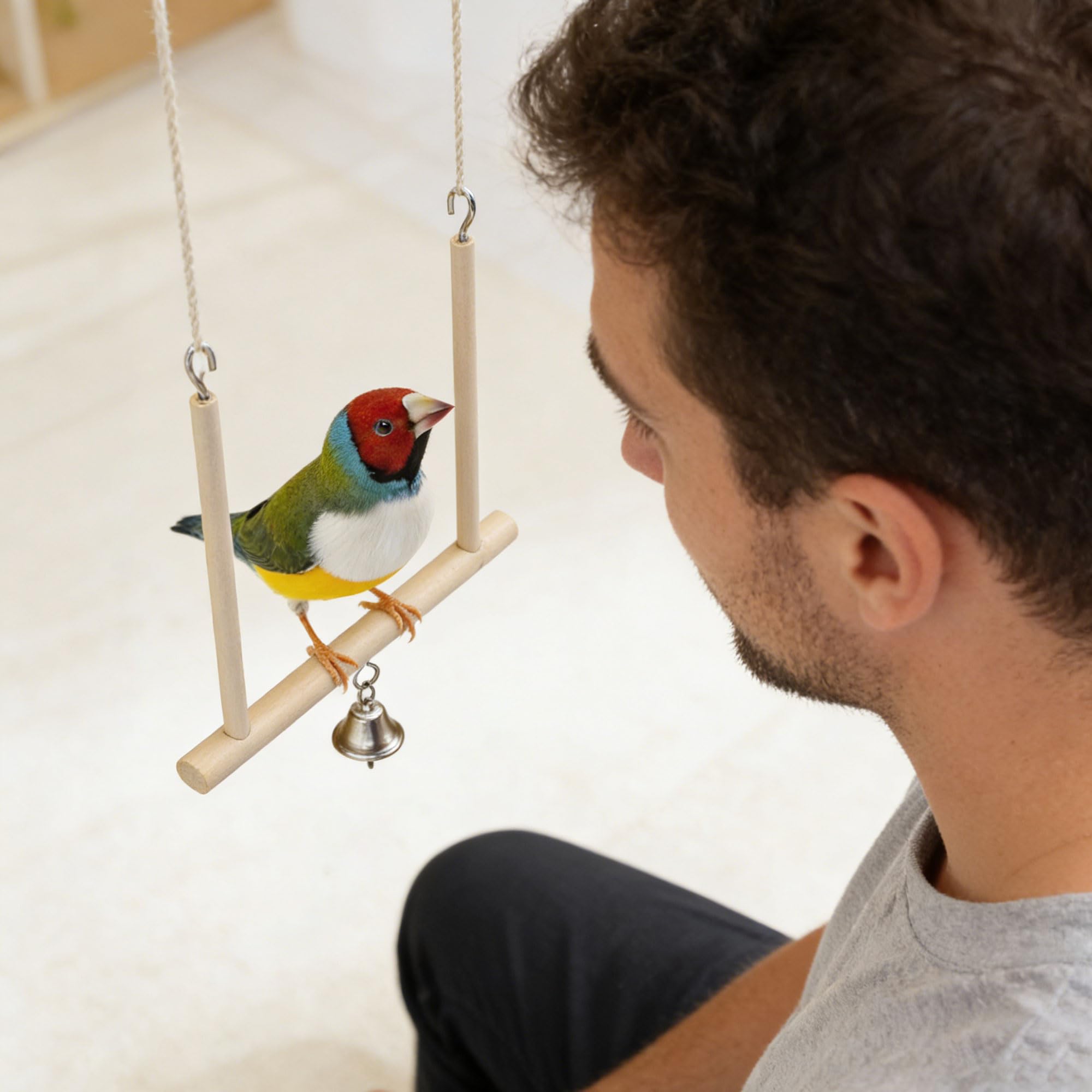 CINY 2 Pz Giocattoli Per Uccelli Altalene In Legno Massello Naturale Stand Gabbie Per Uccelli Accessori, Giocattolo Da Appendere Altalena Per Animali Domestici Con Campana Imita Habitat Naturale