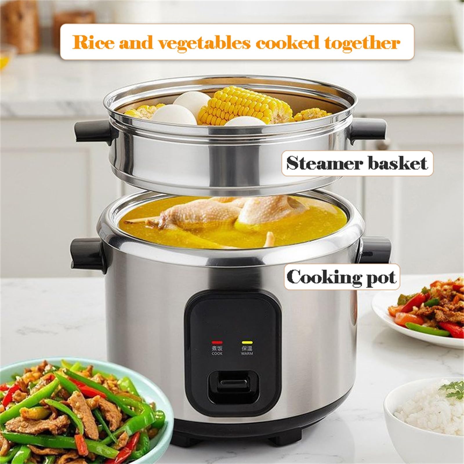 Cuociriso Elettrico In Acciaio Inox Con Vaporiera, Ciotola Interna Antiaderente, Funzioni Di Cottura/caldo, Misurino Incluso(2L)