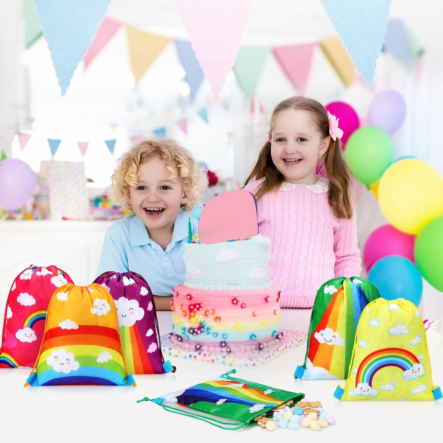 Capoda 16 Pcs Rainbow Party Favor Bags Bulk Colorful Rainbow Drawstring Bags Gift Treat Snack Birthday Backpack for Girl Kids Birthday Party Supplies Decoration, 10x12 Inch - Image 5