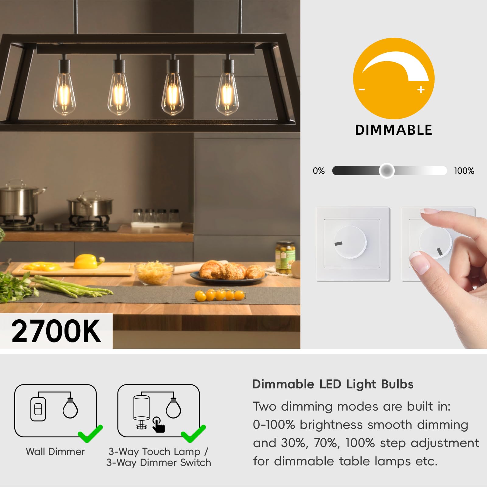 Jensense Edison - Bombillas LED E26 equivalentes a 60 W, regulables, 2700 K, blanco cálido y suave, vintage, 7 W, bombillas LED Edison, 110 V, 120 V, 800 lúmenes, CRI90, paquete de 6