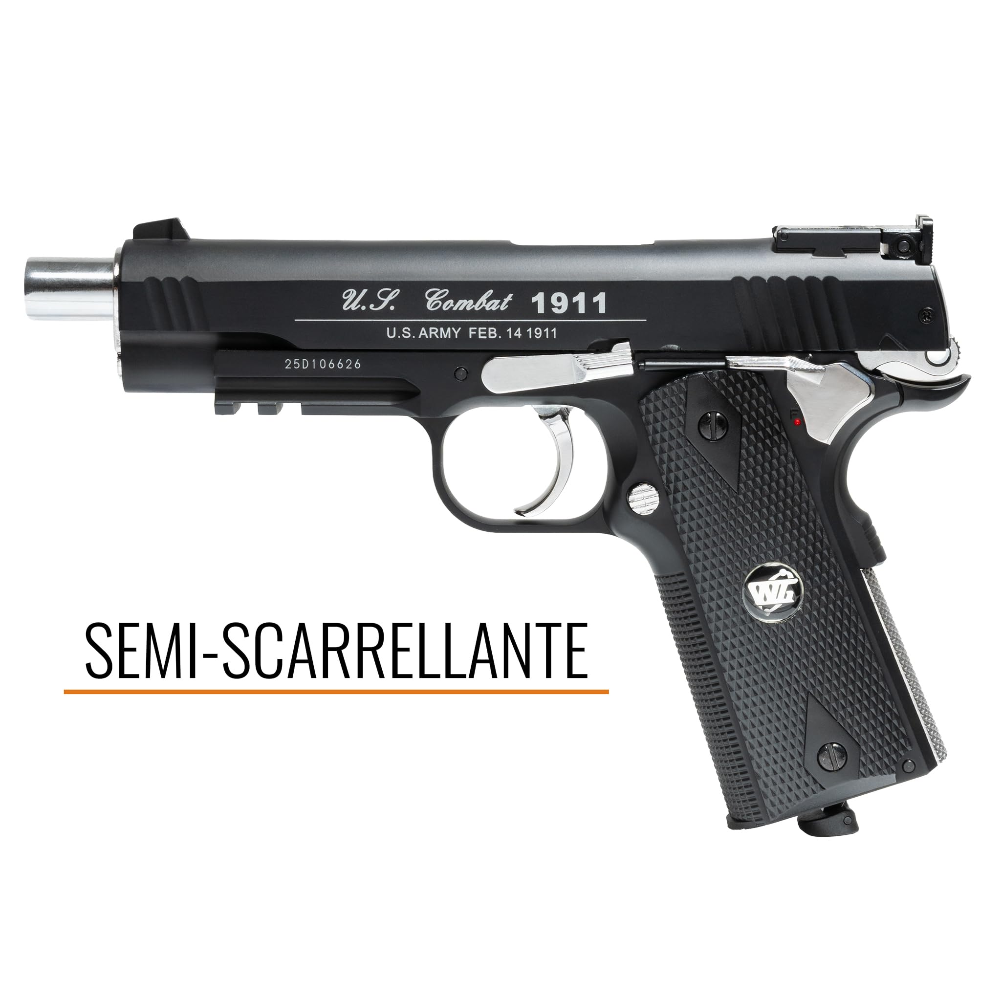 Pistola Softair WG Combat 1911 CO2 Full Metal, Pistola a Pallini Scarrellante con 10 Bombolette CO2, 1000 Pallini 6mm, Pistole Softair, Airsoft, colore nero