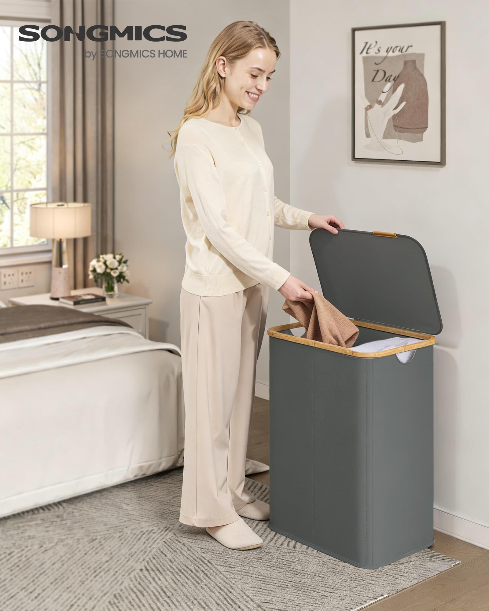 SONGMICS Cesto Portabiancheria con Coperchio, Porta Biancheria a 2 Scomparti Pieghevole, Tessuto Oxford, Telaio in Bambù, Lavanderia, 140 L, 52 x 38,5 x 70,5 cm, Grigio Ardesia LCB519GN01 - 3