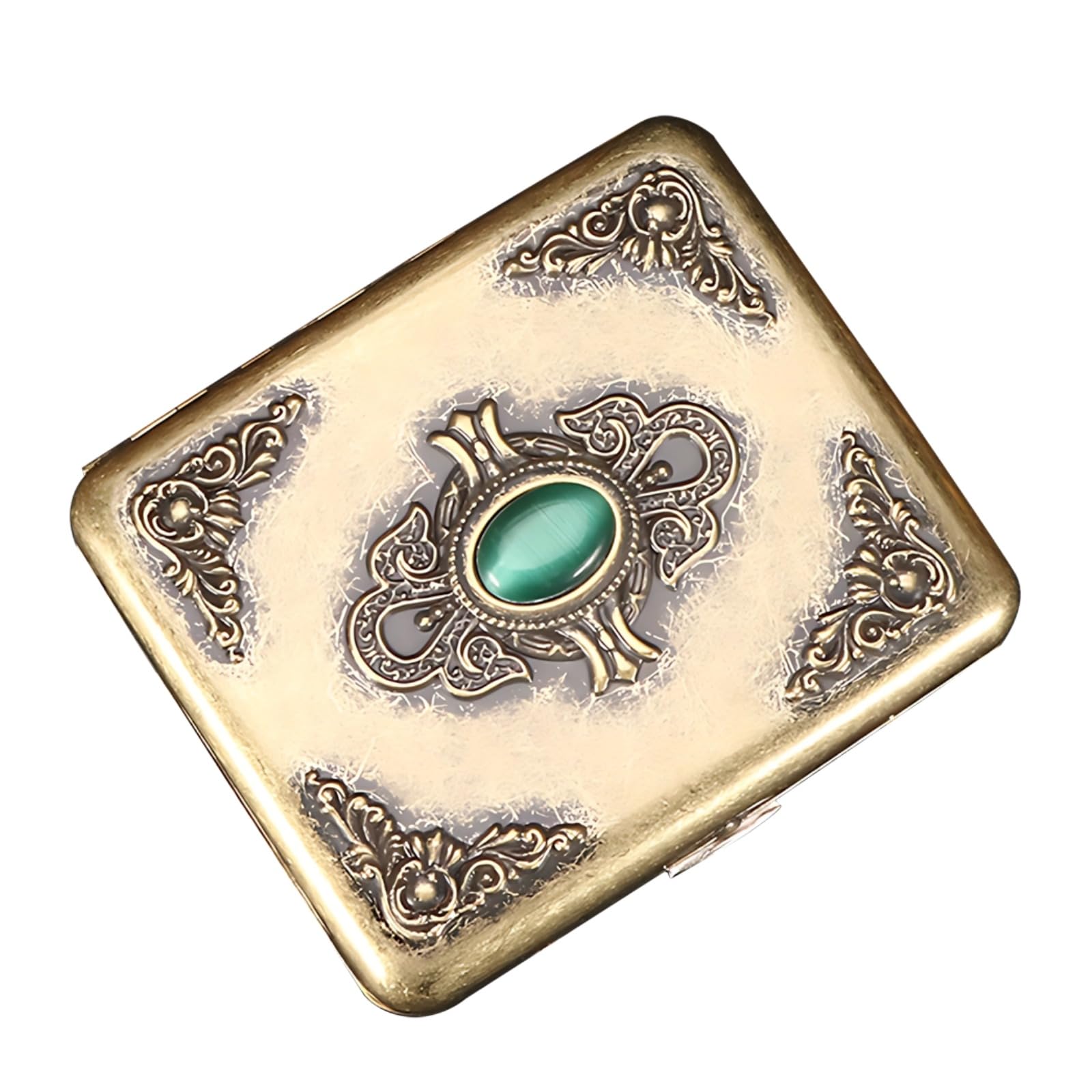 Étui à cigarettes vintage, métal bronze antique, capacité 20 cigarettes, relief floral avec incrustation de jade, design symétrique à clapet, étui portable pour hommes et femmes