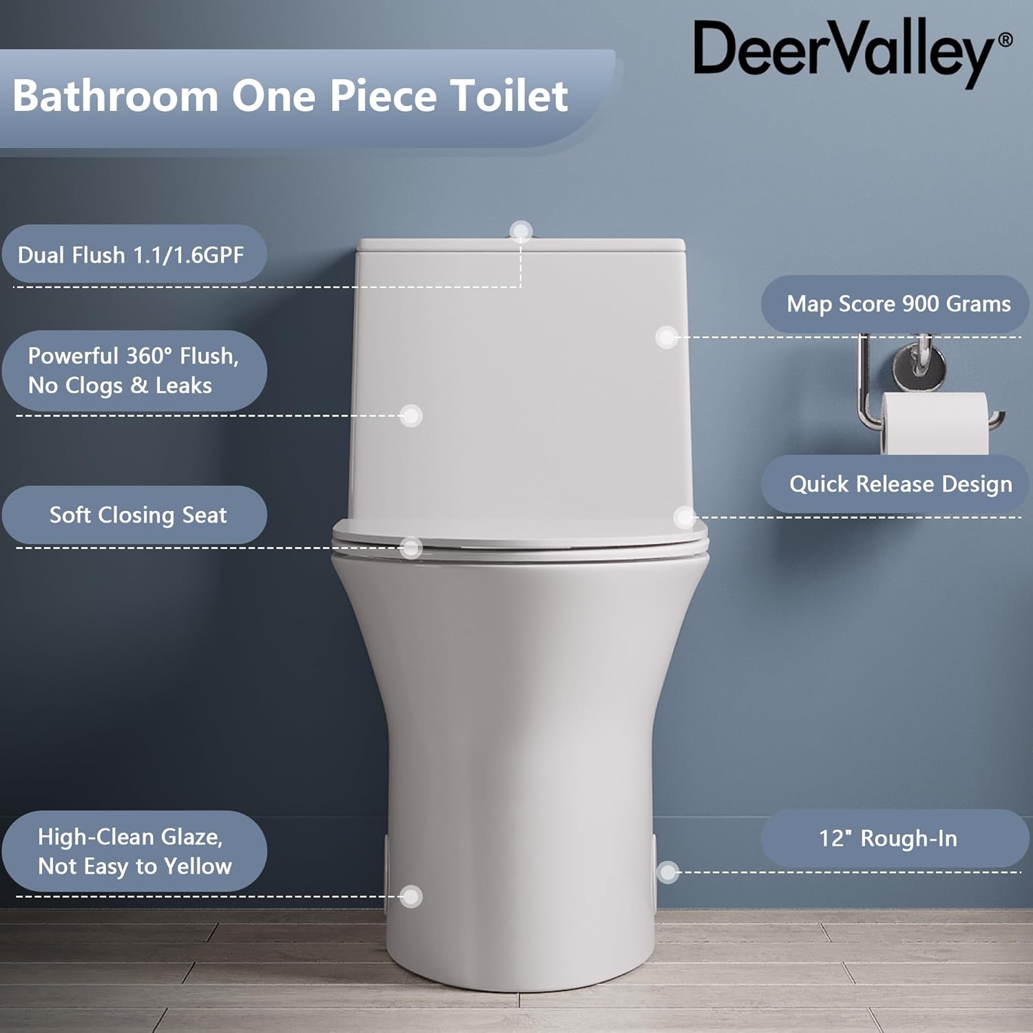 DeerValley Compact One-Piece Toilet for Small Bathrooms, Dual Flush 0.8/1.28 GPF, 900g MAP, Round Bowl, Soft-Close Seat, 12" Rough-In, Space-Saving Design