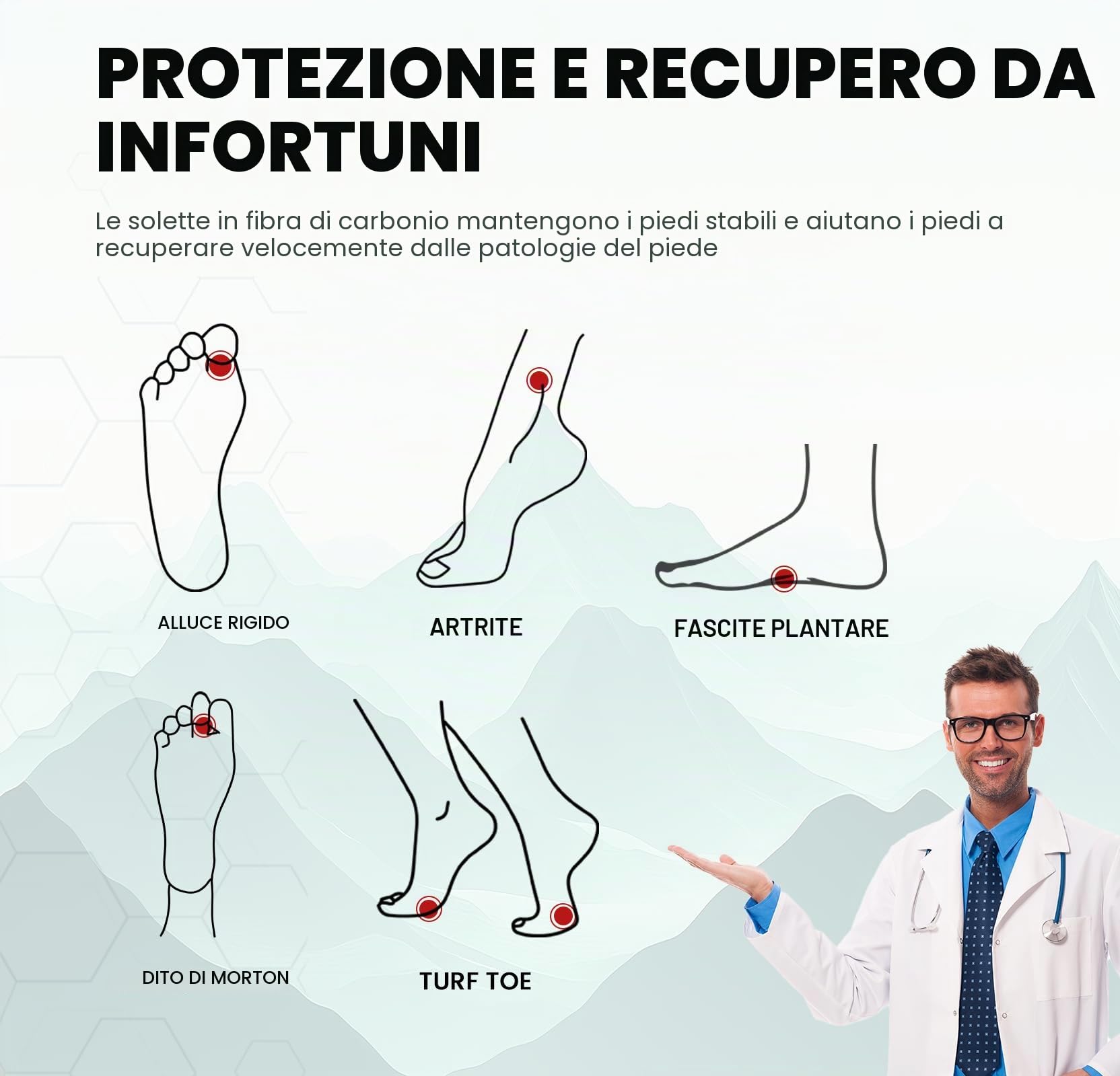 Solette Sportive in Fibra di Carbonio con Supporto Arco Plantare - Welnove Soletta per scarponi da trekking e sport outdoor - Supporto rigido per alluce valgo, alluce rigido, solette per scarponi da