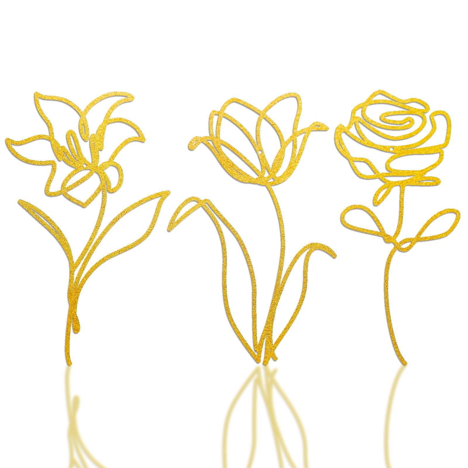 Oubasa 3 Pieces Metal Flowers Wall Arts Decor, Rustic Farmhouse Metal Wall Ornament Art Gold Minimalist Floral Decor for Bathroom Kitchen Bedroom Living Room, 6x10 Inches - Housewarming Gifts