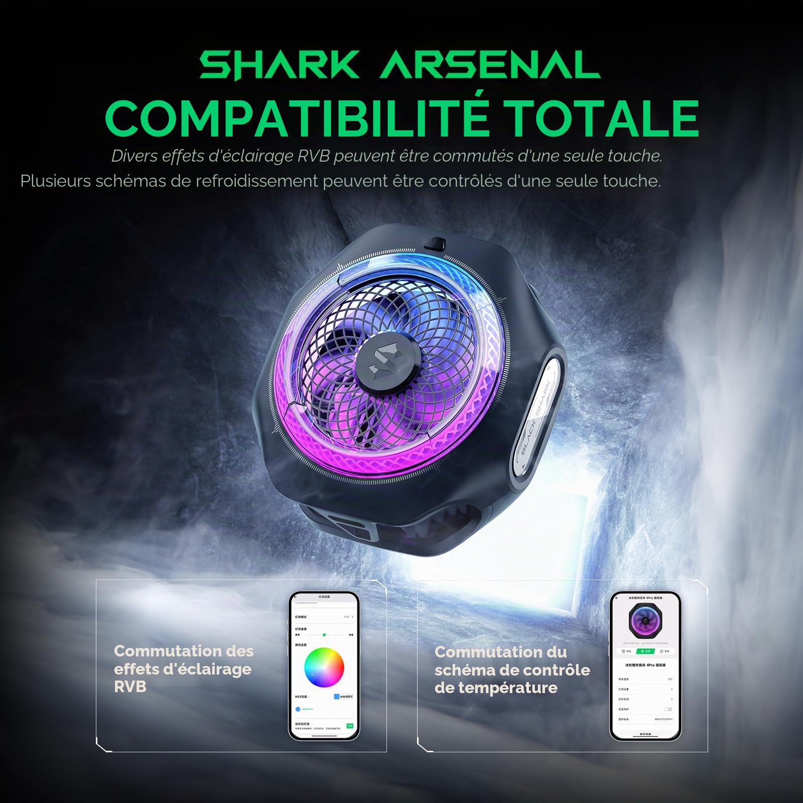 Black Shark Refroidissement magnétique pour téléphone portable 4Pro, ventilateur de refroidissement RGB portable, radiateur de téléphone portable avec poignée amovible, contrôle intelligent de la