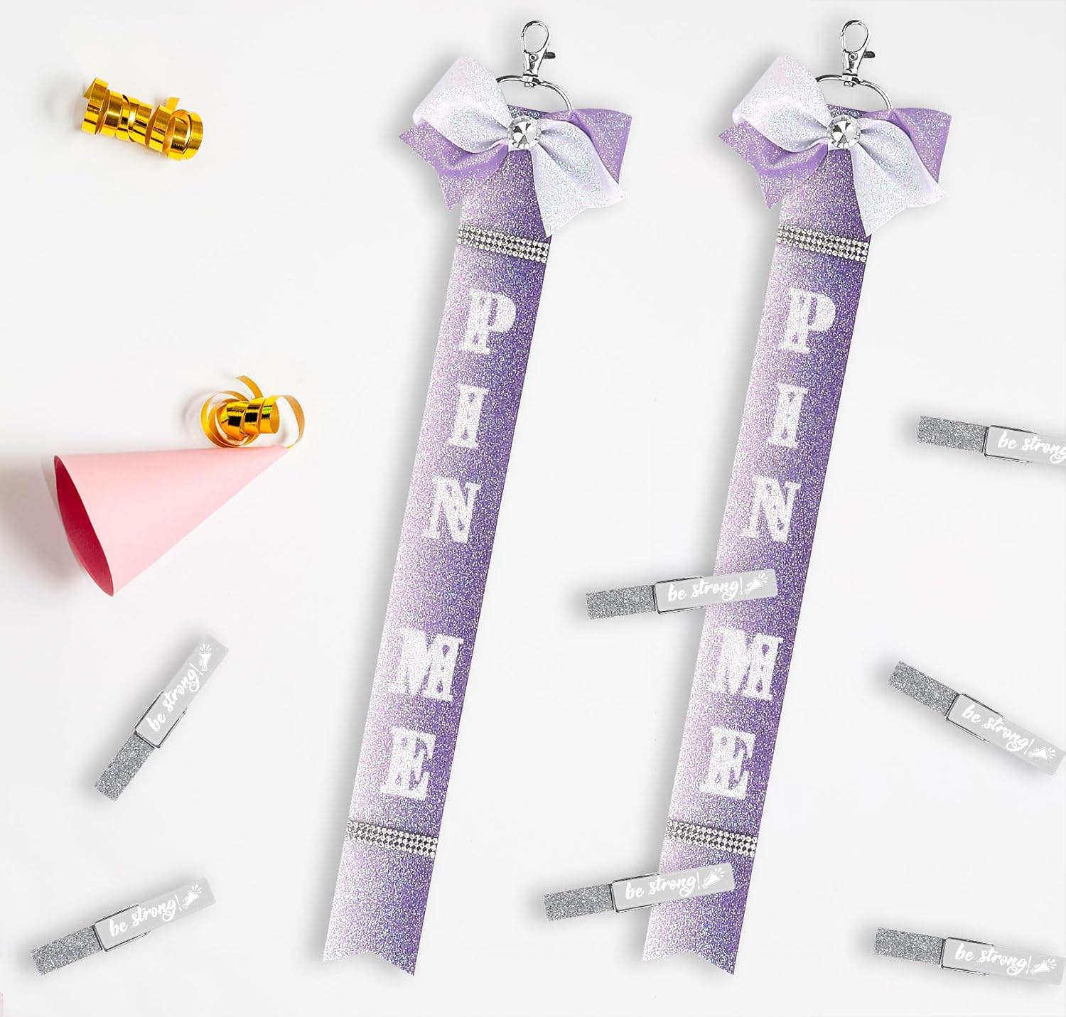 2PCS Pin Me Cheer Keychain, Glitter Rhinestone Pin Me Ribbon Keychains for Cheerleader Backpack, Cheer Bow Pin Holder - Image 5