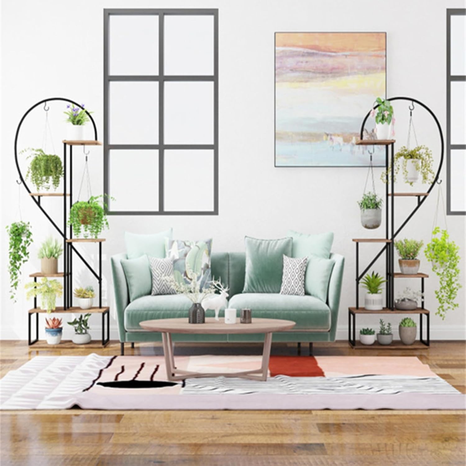 Heart-Shaped 6-Tier Metal Plant Stand Set with Hanging Hooks, Anti-Toppling Display Rack, Multi-Purpose Shelf for Home Office Balcony