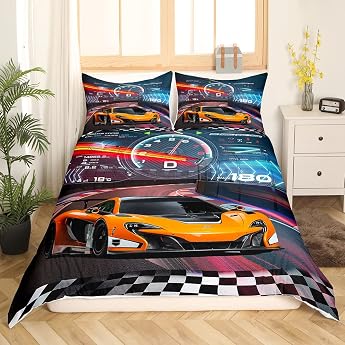 Loussiesd Racing Car Bedding Set for Boys Extreme Sports Duvet Cover Set for Children Boys Cool Car Bed Linen 135 x 200 cm Car Sports Duvet Cover with 1 Pillowcase 80 x 80 cm