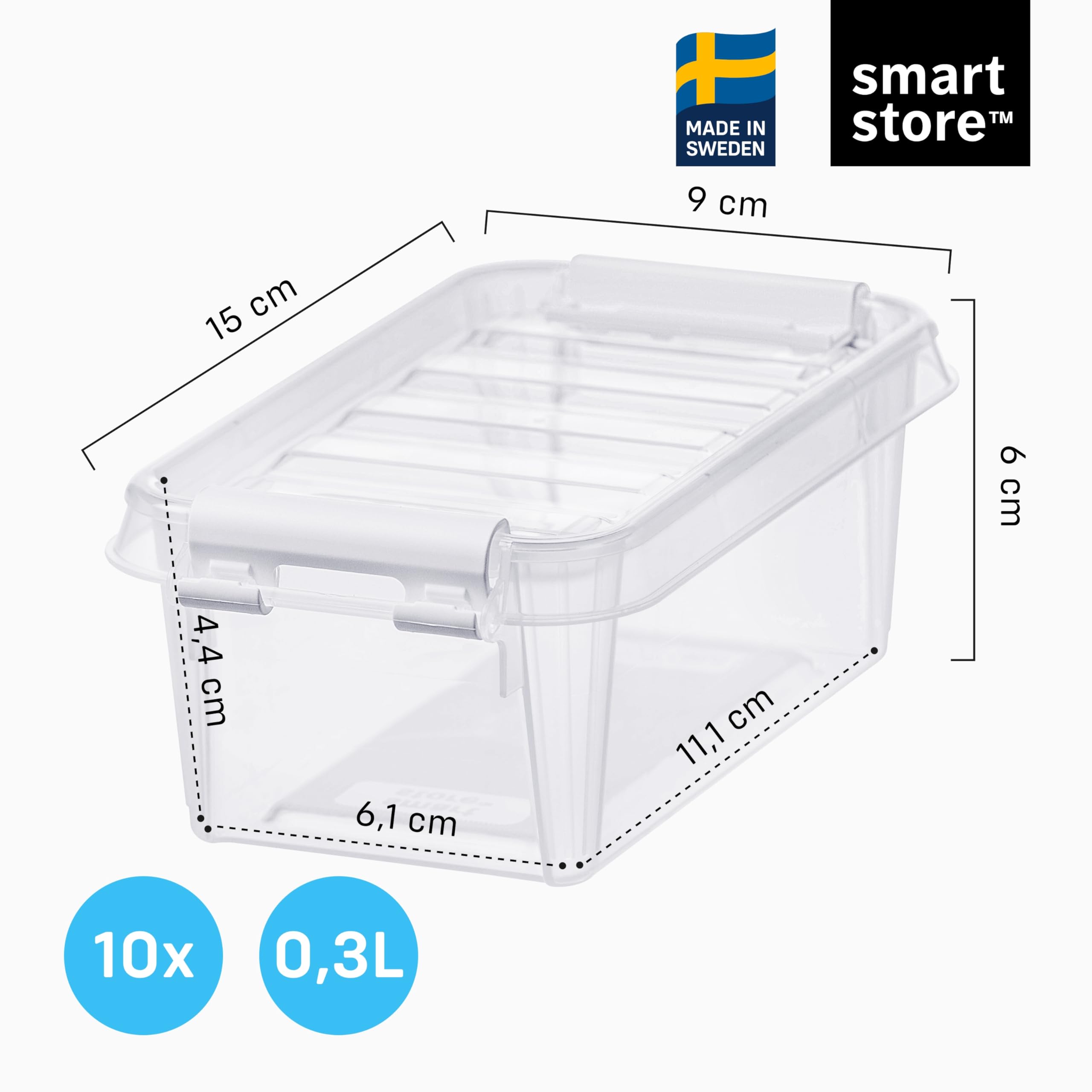 SmartStore Małe plastikowe pudełka do przechowywania 0,3 l z pokrywkami, zestaw 10 sztuk, przezroczyste, można układać w stos i gniazdować, bezpieczne dla żywności i bez BPA, zamykane na klips, dł. 15