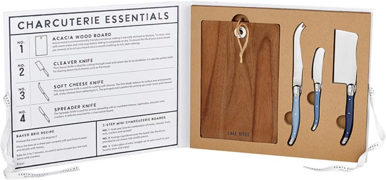 Santa Barbara Design Studio Charcuterie Essentials Cheese Knives and Board Set Cardboard Book Gift Box, 4-Piece, Good Food Lake Mood