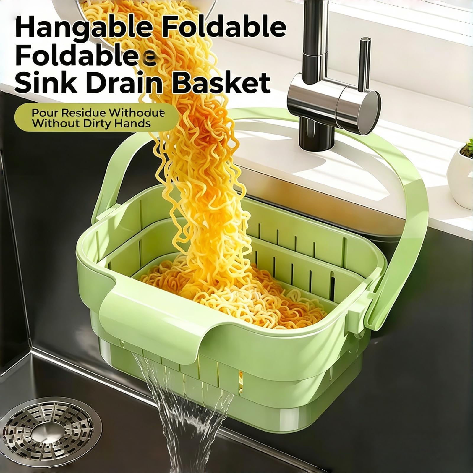 Cesta de drenaje plegable para fregadero, colador de cocina elástico con tapa abatible, colador multifuncional para frutas y verduras, filtro de residuos extraíble mejorado que ahorra espacio (blanco