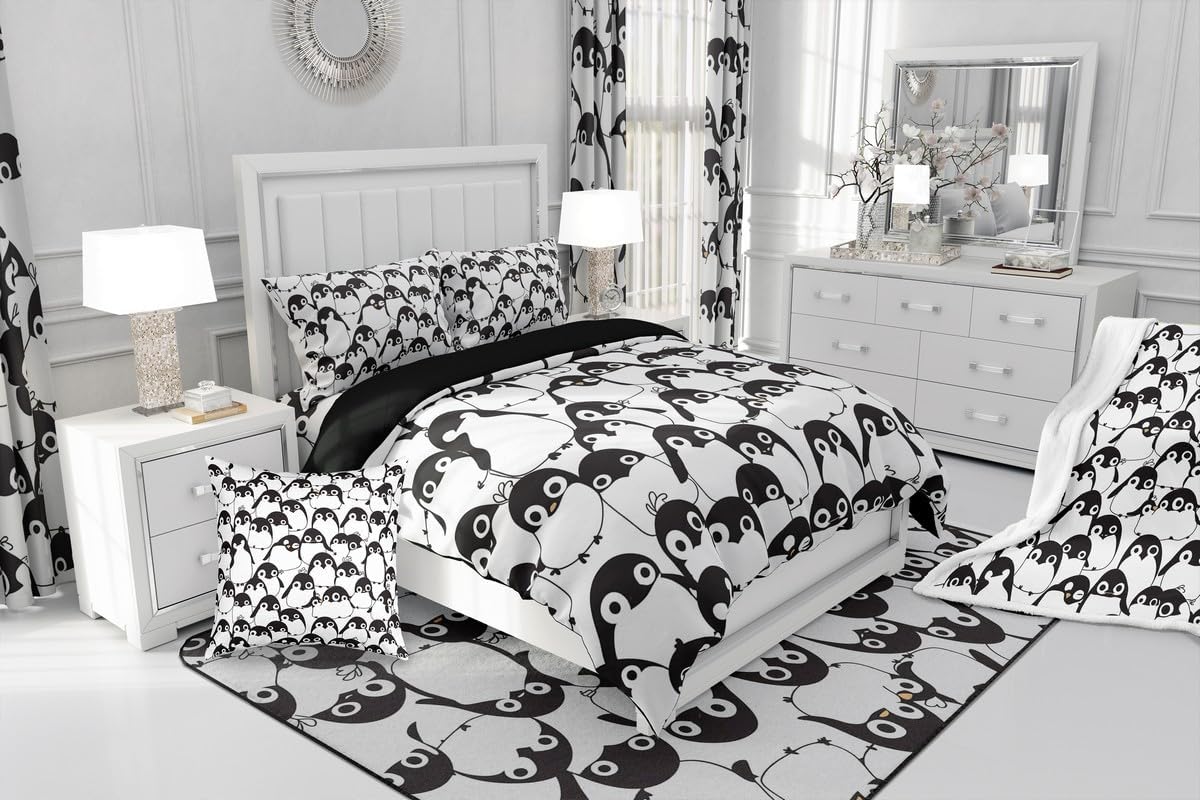 Erosebridal Kids Penguin Bedding Set Antarctic Animal Comforter Set Full Size, Kawaii Penguins Duvet Sets for Girls Boys Teens Adult Women Kawaii Cartoon Style Quilted Duvet, Black and White