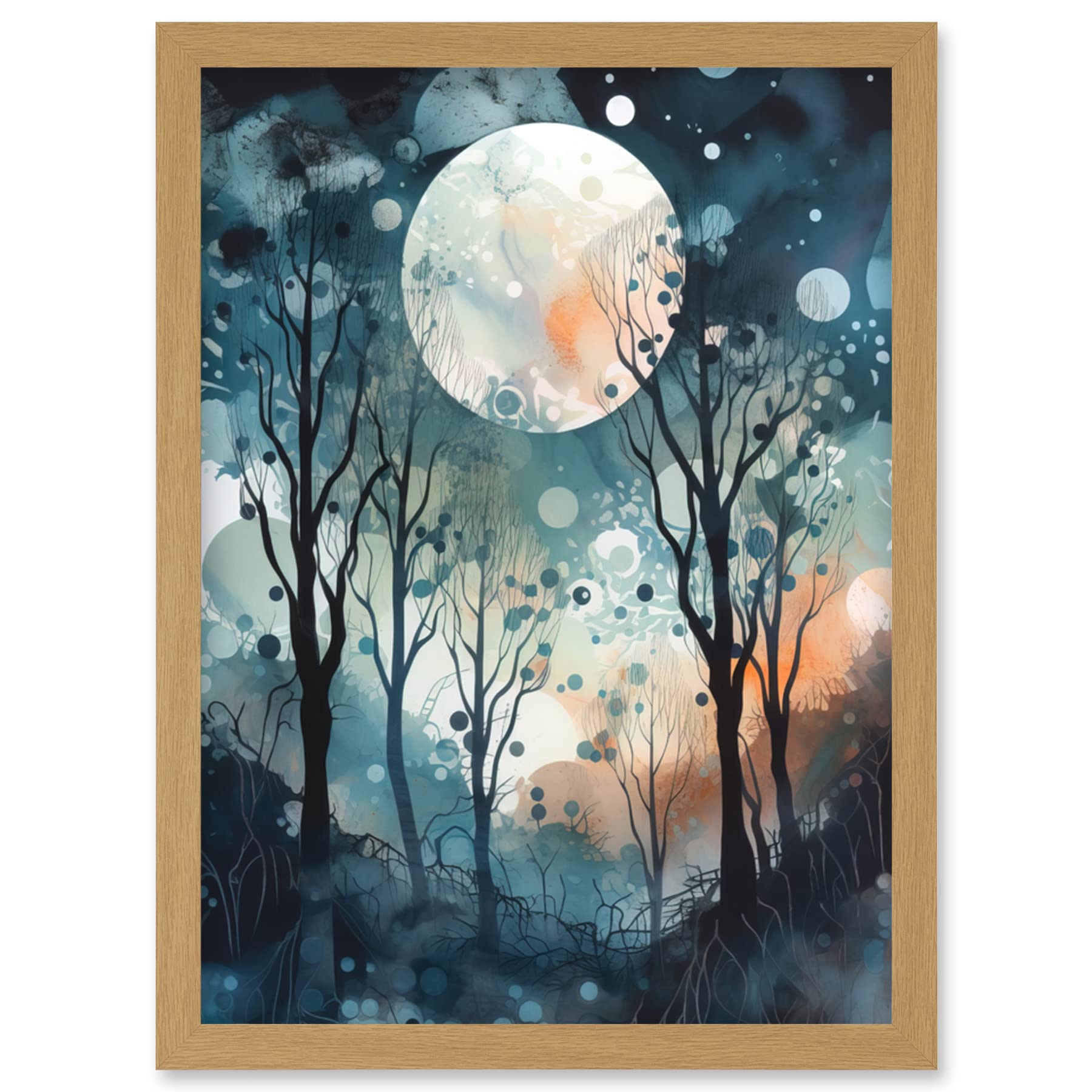 Full Moon Winter Forest Landscape Framed Wall Art Print - A4 Size - Artery8