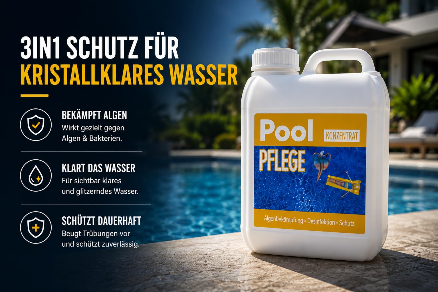 2L Poolpflege Poolklar Konzentrat 3in1 – Gegen Algen & Grünes Wasser – Für Kristallklares Poolwasser – Hochergiebiger Poolreiniger mit Langzeitschutz – Für Pool, Schwimmbad & Planschbecken