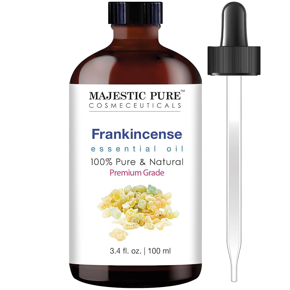 Majestic Pure Essential Oil with Glass Dropper - 100% Pure and Natural - Essential Oils for Diffuser, Aromatherapy, Soap and Candle Making, Frankincense Essential Oil, Frankincense Oil, 3.4 Fl Oz