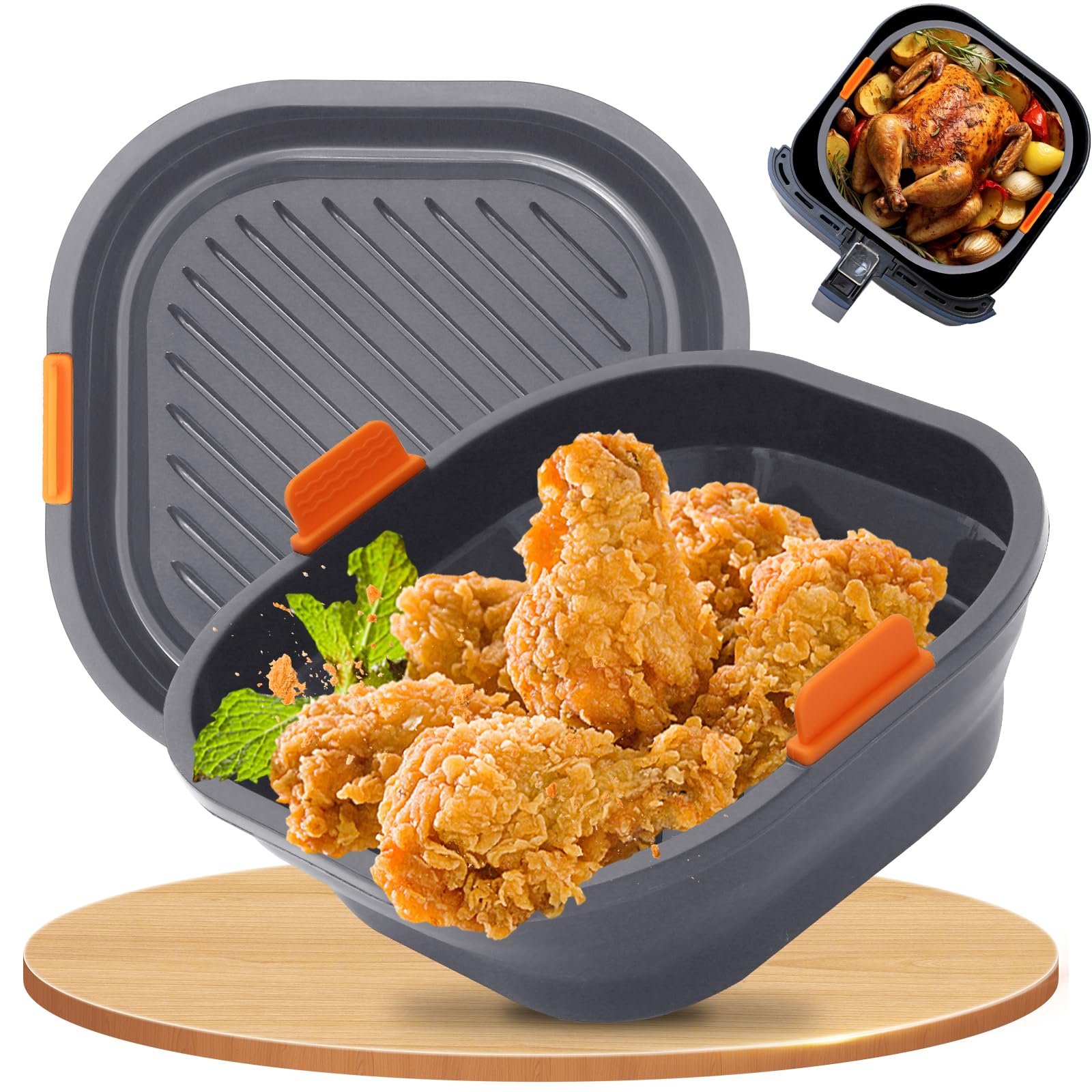 21cm Teglia per Friggitrice ad Aria [Set da 2] - Struttura in Acciaio Inox Indeformabile, Pieghevole e Lavabile in Lavastoviglie - Con Ninja/Philips/COSORI/Tefal/Russell Hobbs/Cecotec/Princess