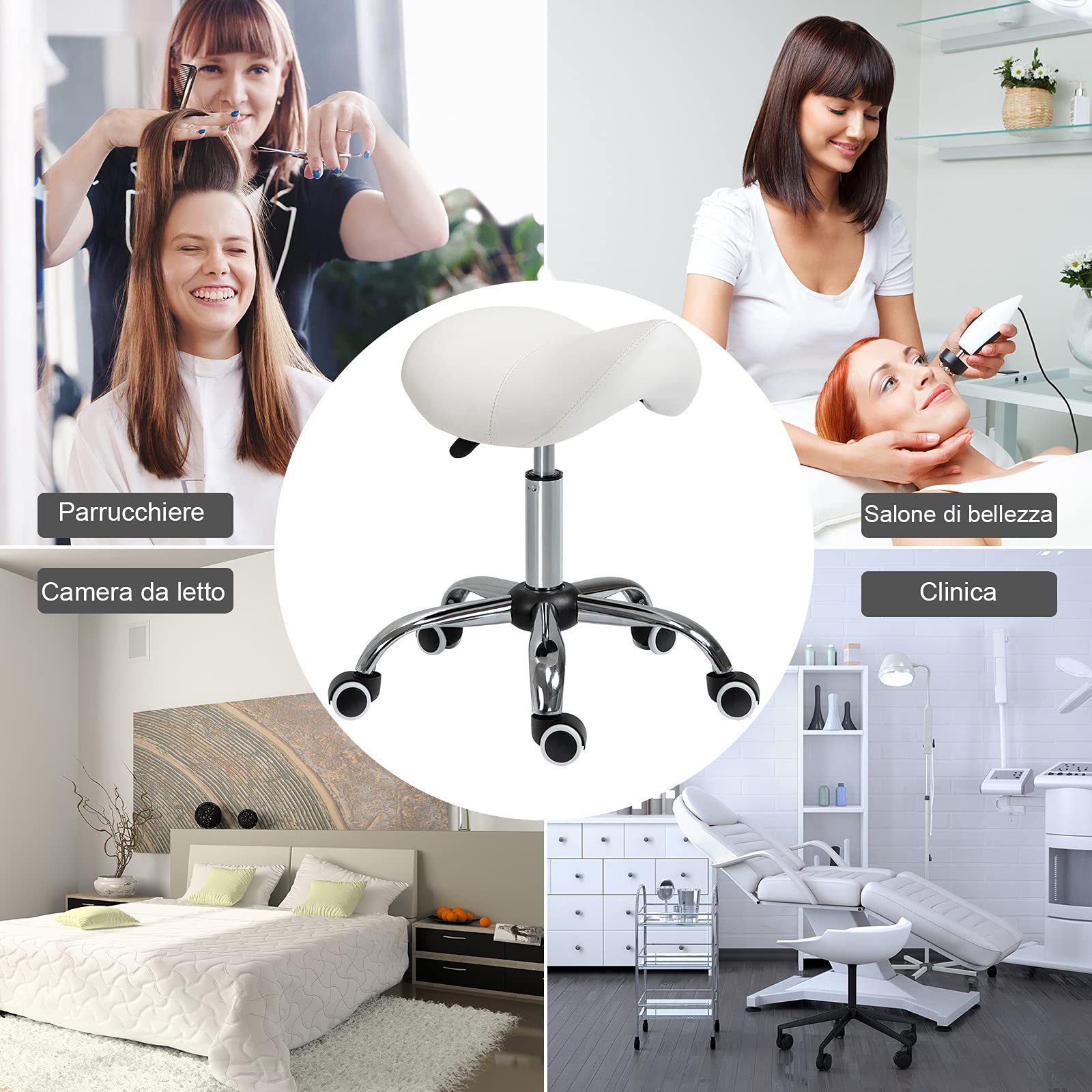 HOMCOM Sgabello da Lavoro a Sella con Ruote e Altezza Regolabile per Negozi Parrucchiere e Tattoo, 52x53x49-61cm Beige
