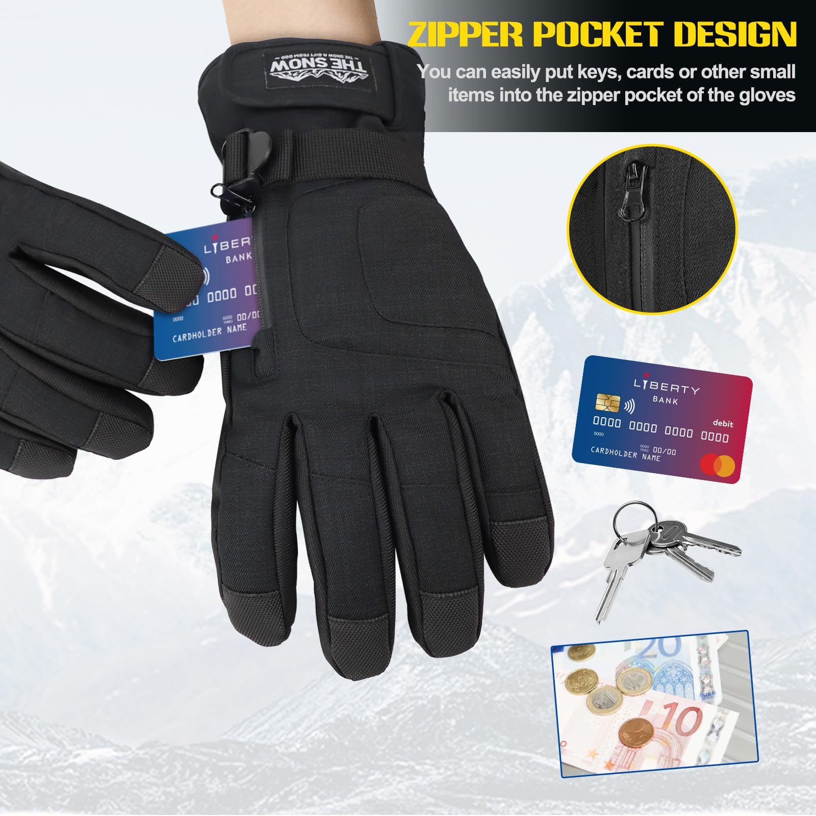 Gants de Ski, Gants Chauds d'hiver à Écran Tactile pour Homme et Femme Neige Imperméable Vent Respirant Antidérapant Poignet Réglable pour Ski Snowboard Cyclisme Moto Randonnée
