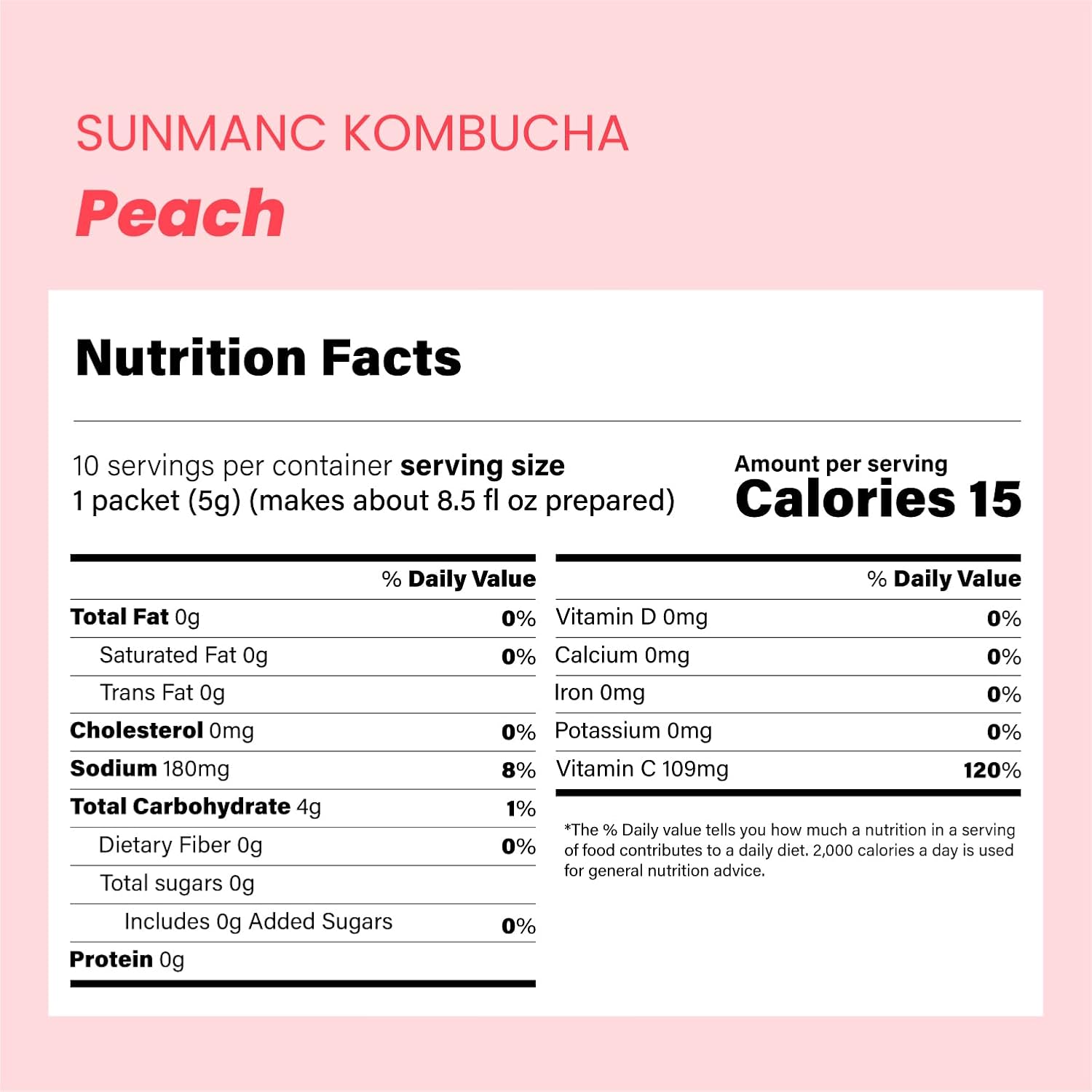 SUNMANC Peach Kombucha 10 Packets - 0g Sugar & 15 Calories - 19 Probiotic Strains & Vitamin C - Refreshing Sparkling Drink Mix for Digestive Support - Perfect K-Food Pairing (Peach) image 2