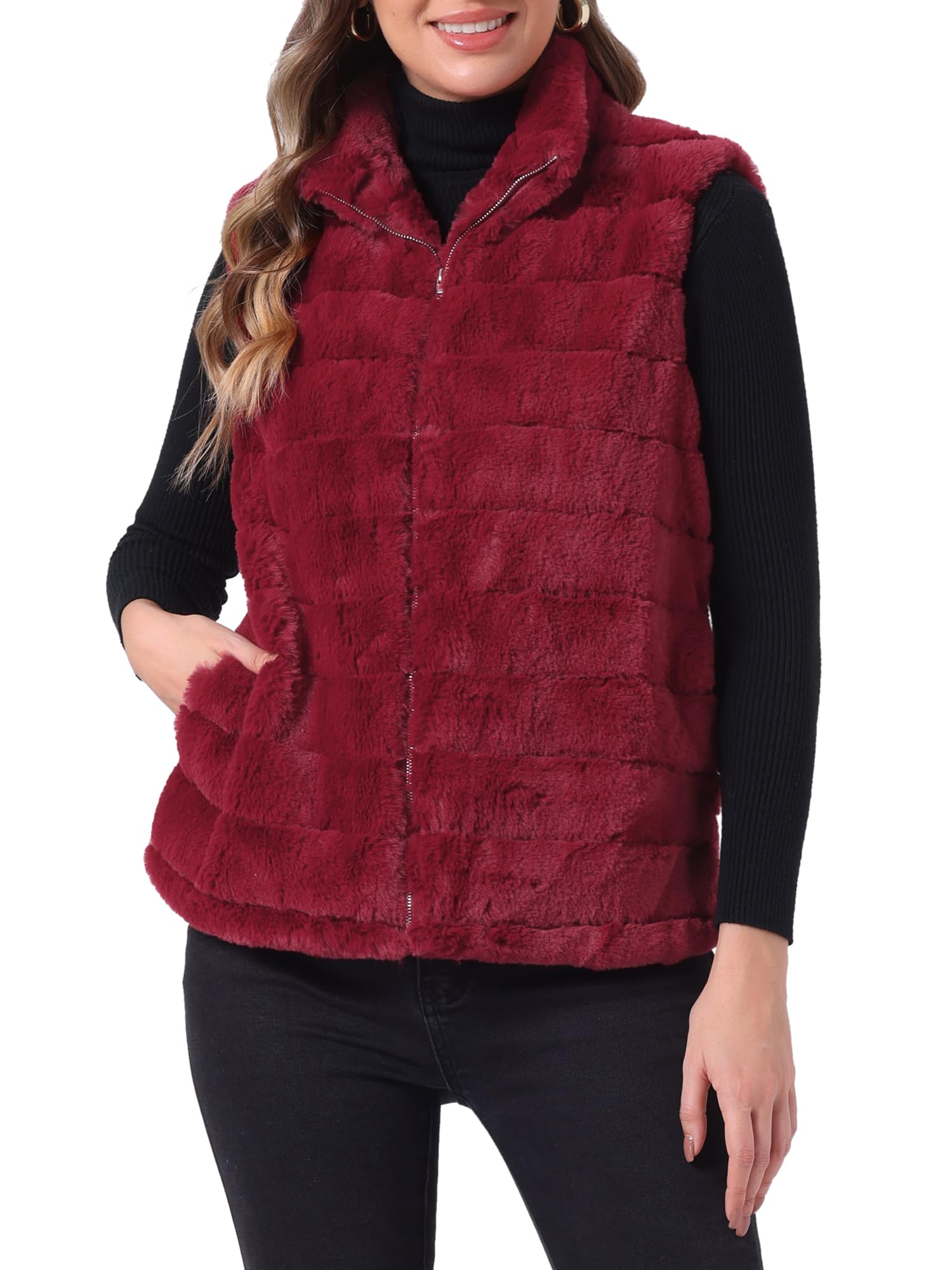 Chaqueta de piel sin mangas mujer Allegra K chaleco suave abrigo cremallera 6