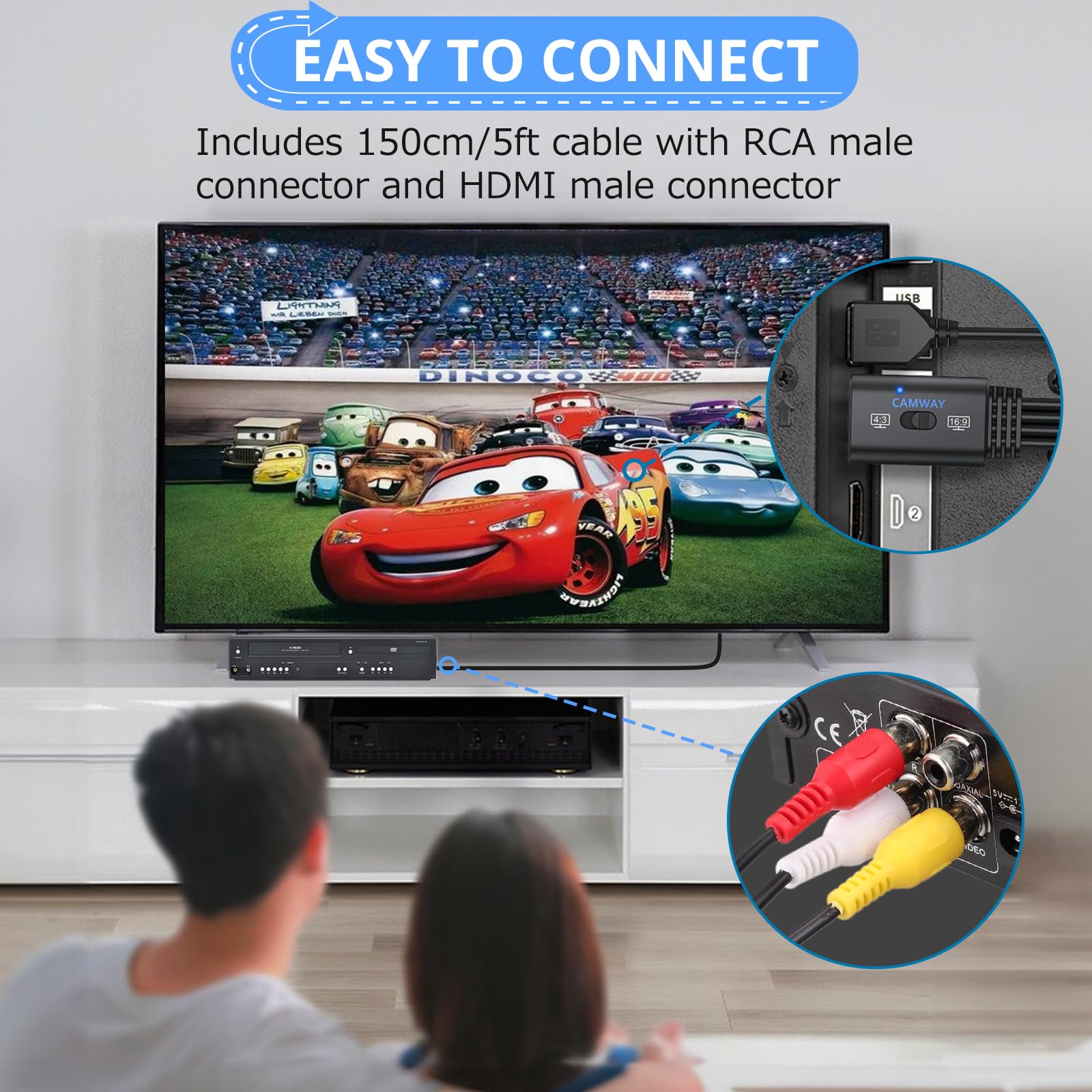 CAMWAY 1080P Konwerter RCA na HDMI, kabel męski 1,5 m - bezstratna transmisja, przełącznik 16:9/4:3, adapter Pro AV do HDMI dla magnetowidów/VHS/odtwarzaczy DVD, mini kompozytowy adapter audio-wideo