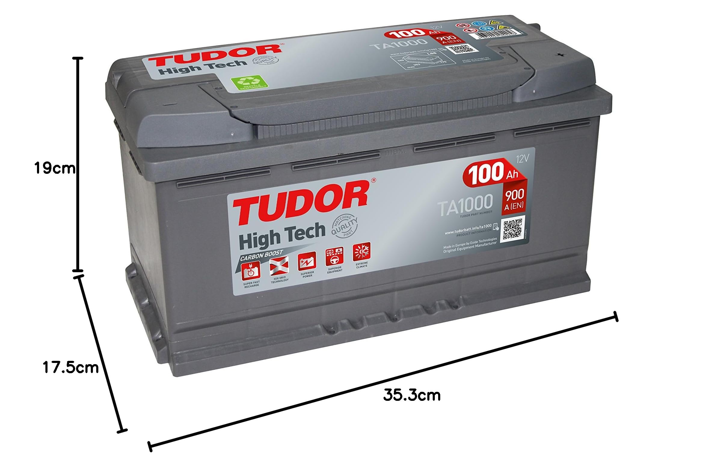 Tudor TA1000 Batería de coche de Plomo Calcio 100Ah 900A, Gama High Tech, para Automóvil de turismo