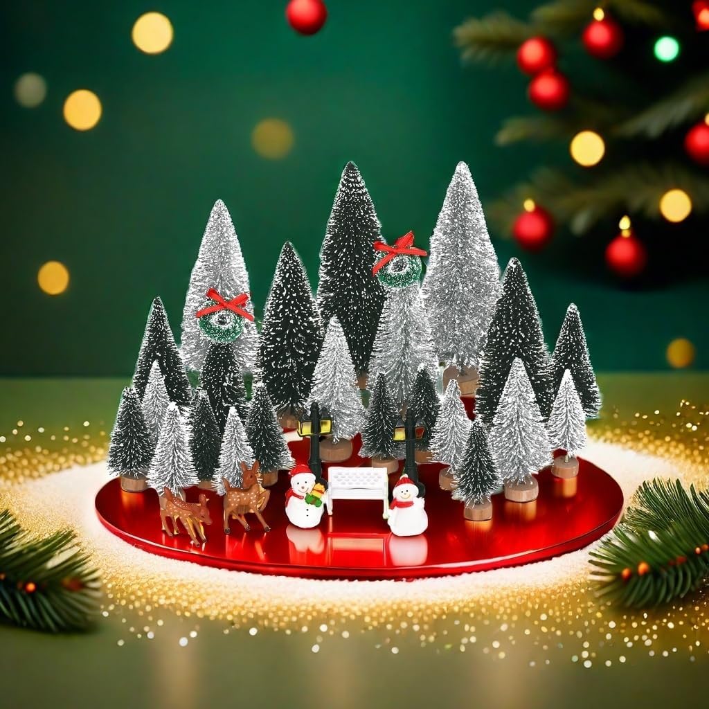 Waipfaru Christmas Village Accessories, 30 Pcs Christmas Village Display Platforms with Snowman, Mini Bottle Brush Christmas Trees, Miniature Small Pine Trees for Xmas Table Winter Decor - Image 6