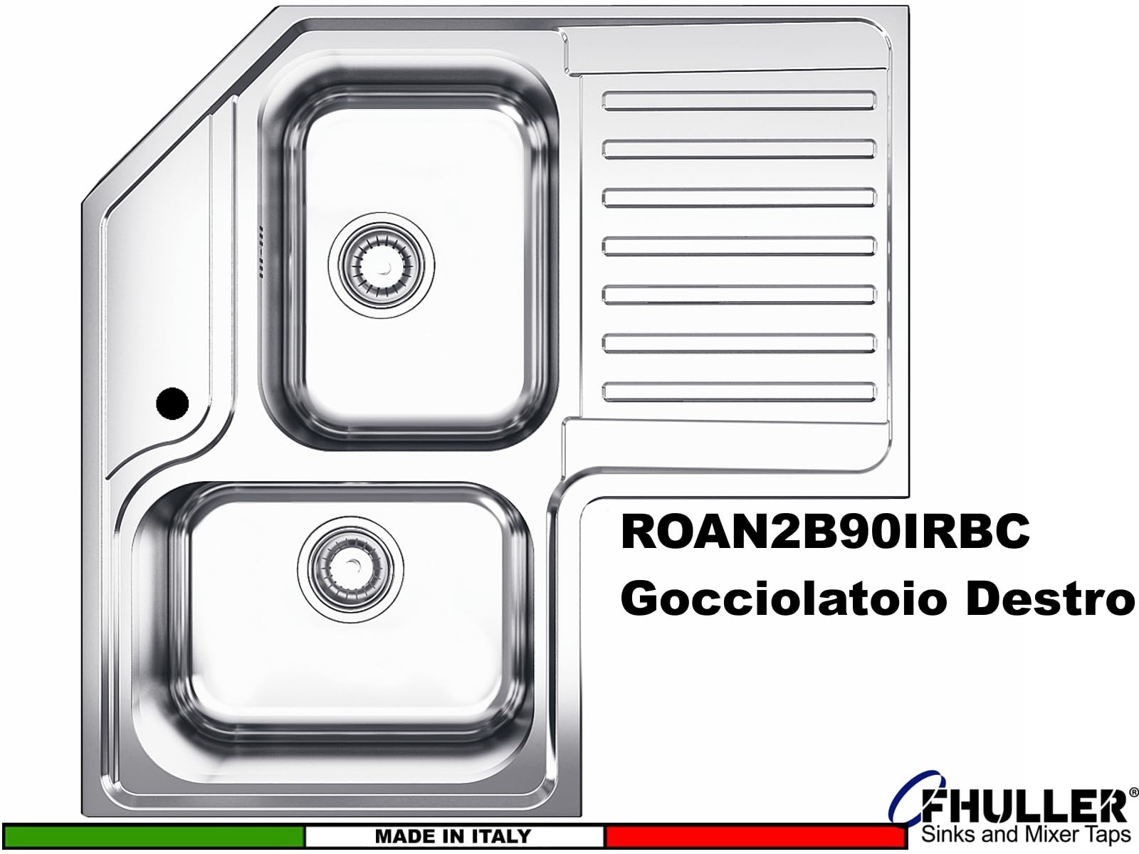 Lavello da Cucina Angolare, 83x83 cm, 2 Vasche con Gocciolatoio Destro, Acciaio Inox