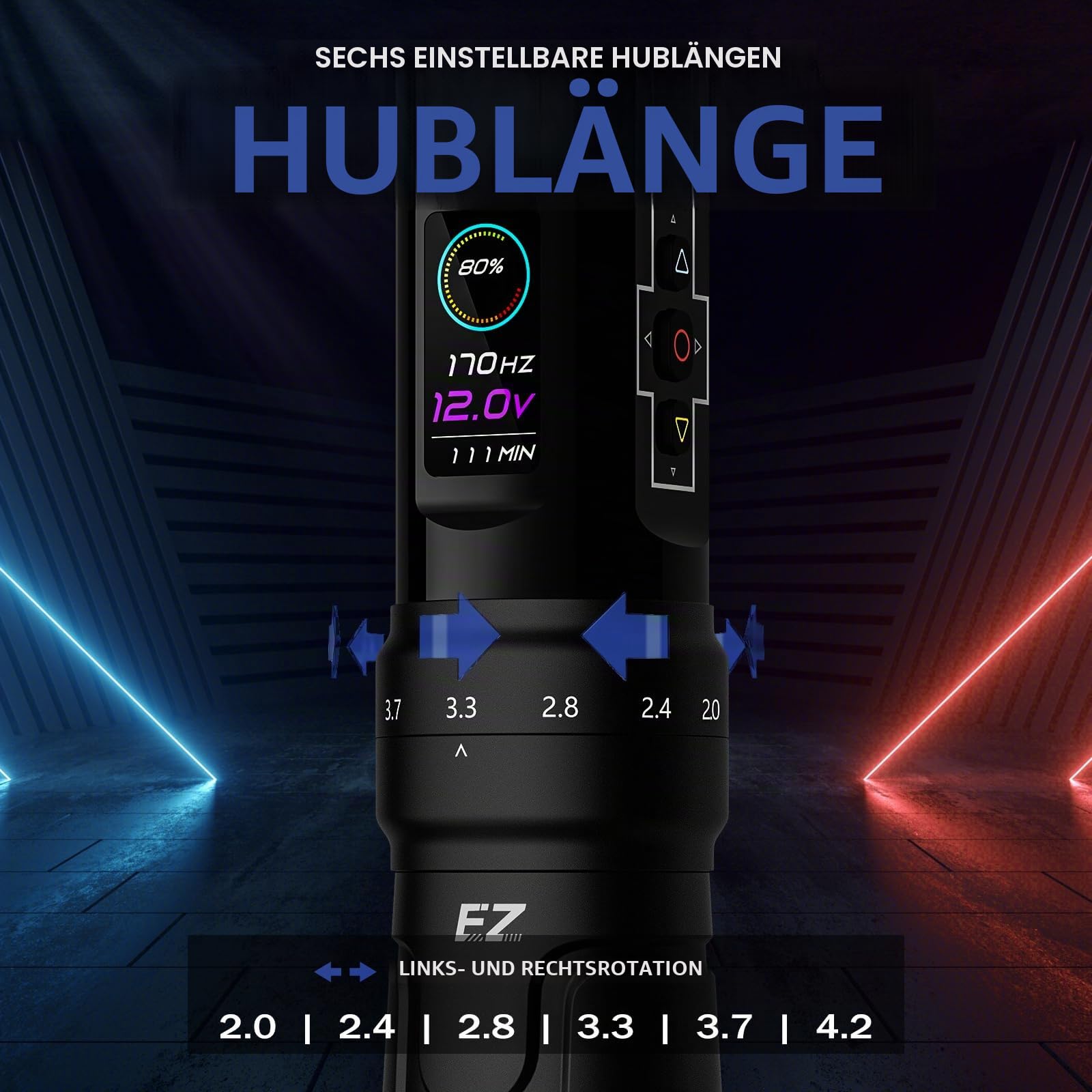 EZ P3 Pro Drahtlose Tattoo Maschine - 6 Anschläge 2.0, 2.4, 2.8, 3.3, 3.7, 4.2mm Bluetooth Tattoo Maschine mit OLED Digitalanzeige 1600mAh Akkuleistung (Mattes Schwarz)