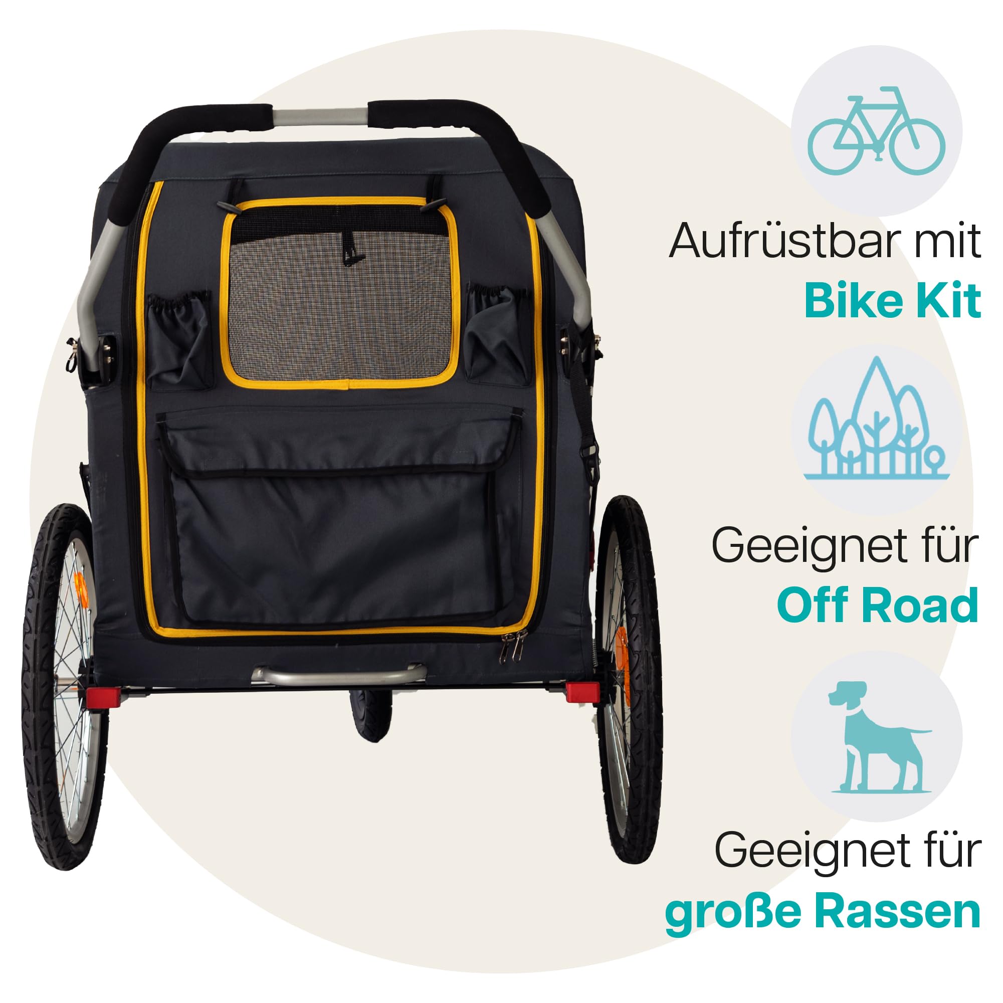 Großer Hundewagen - Innopet Hercules 2.0 Gelb/Grau - Heavy Duty Buggy Rahmen bis 50kg belastbar -inkl. Regenschutz - hintere 45cm Luftreifen/vorne pannensicheres EFA Rad - ohne Werkzeug aufzubauen