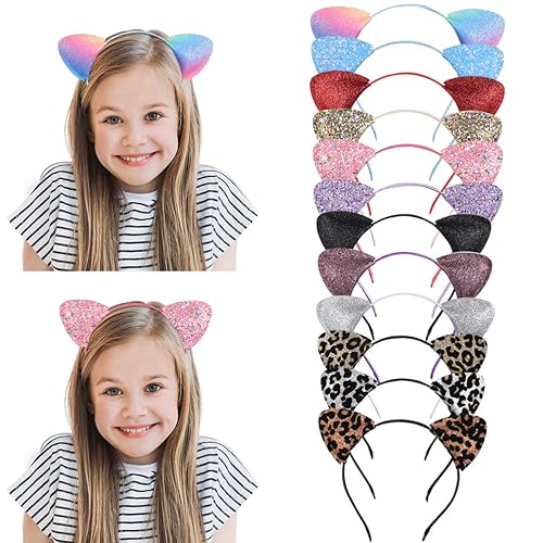 Miniatura 7 de FRCOLOR Diadema de orejas de gato, diadema mejorada de lentejuelas con purpurina de doble cara con estampado de leopardo para fiestas diarias,