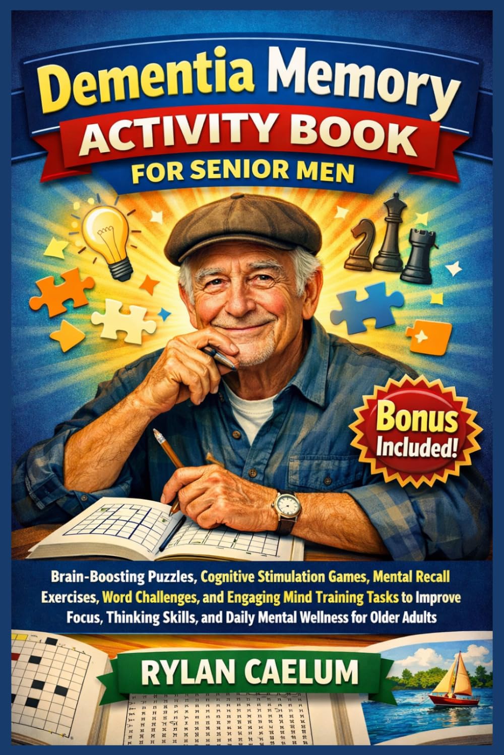 Dementia memory activity book for senior men: Brain-Boosting Puzzles, Cognitive Stimulation Games, Mental Recall Exercises, Word Challenges, and Engaging Mind Training Tasks to Improve Focus, Thinking