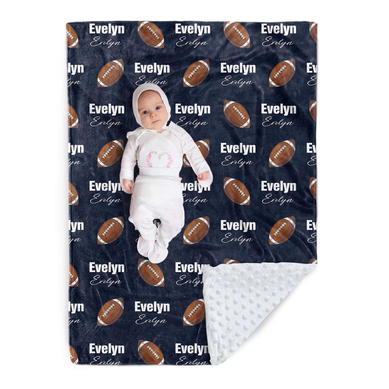 Personalized Football Blanket - Customized Name with Footballs Patterns - Soft Plush Flannel Blanket with Double Layer Dotted Backing for Baby Toddler Kids Teen Boys Girls Gifts Navy