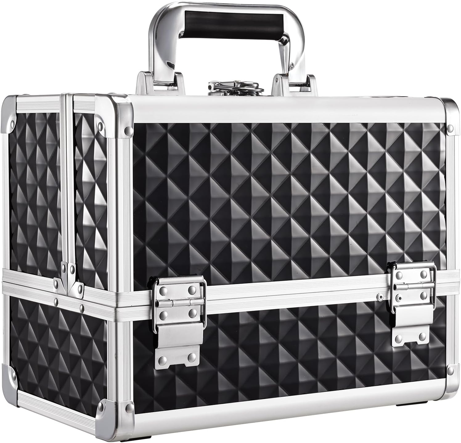 Makeup Box with Mirror 3-Tray 11.6-Inch Makeup Train Case with Brush Holder Lockable Portable Storage Organizer Large Black