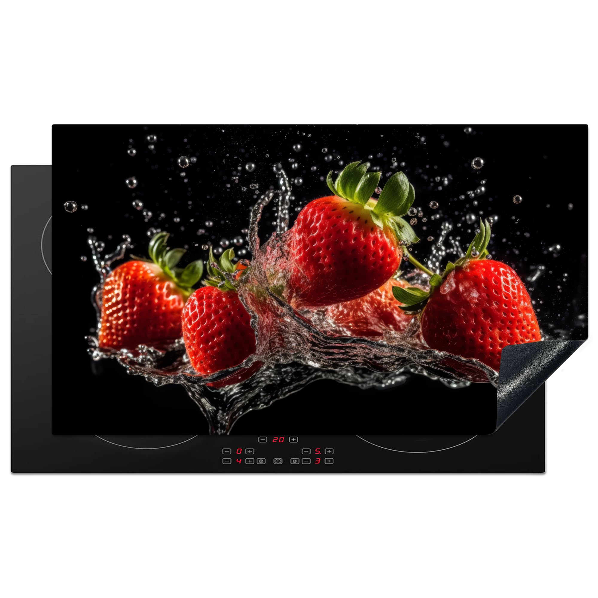 KitchenYeah© Induction Hob Cover Protector Mat 20.8"x36" / 91.6x52.7 cm Kitchen Universal Ceramic Covers for Electric Cookers Vinyl Strawberries - Fruit - Red - Water - Black