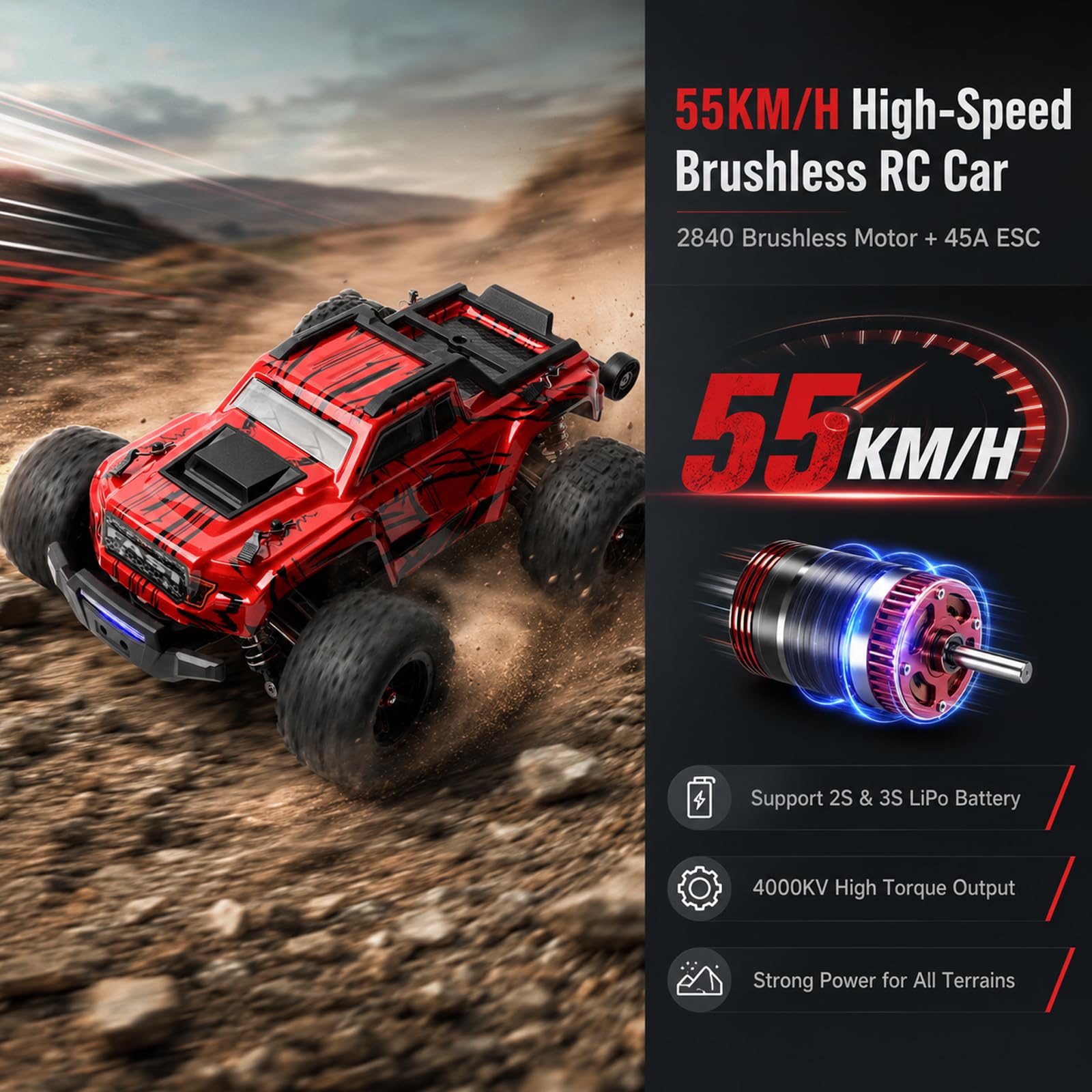 Auto RC brushless 1/16 per adulti, 4WD 55 km/h, camion RC fuoristrada ad alta velocità da 2,4 GHz, giocattolo RC Monster Buggy, auto telecomandata veloce per tutti i terreni, con 2 batterie