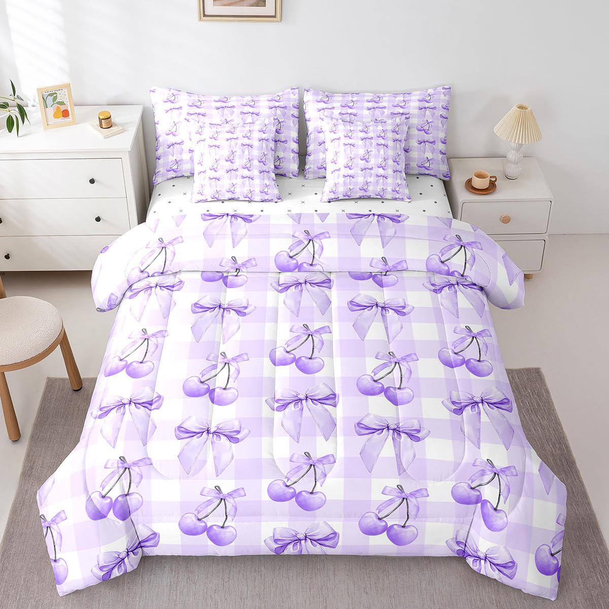 Erosebridal Purple Plaid Bowknot Bed in A Bag for Kids Teen Adults Room Decor,Watercolor Ribbon Bow Bedding Set Dreamy Princess Bowknot King Comforter Set 7 Piece Buffalo Plaid Geometric Bed Set